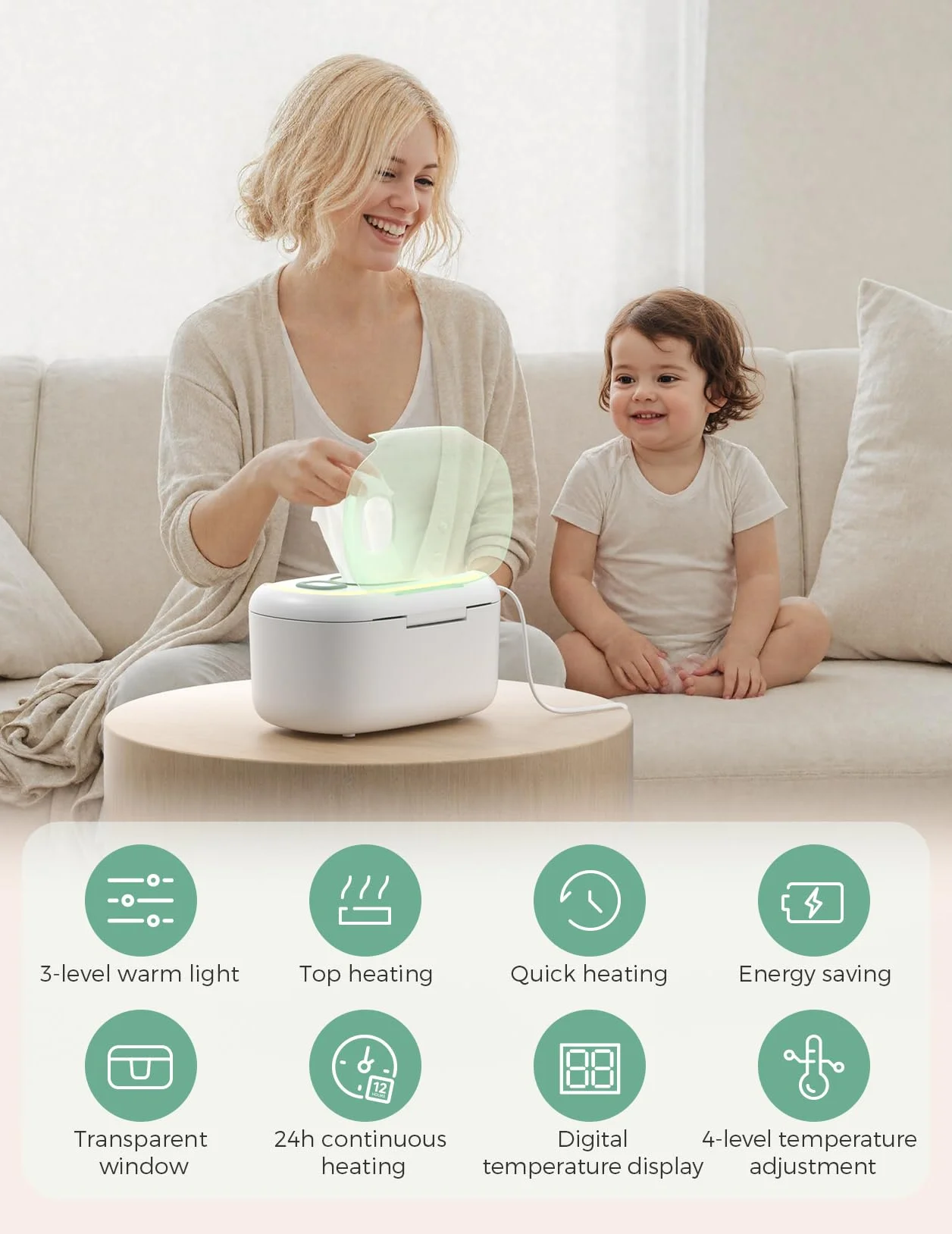 Momcozy Lot de 100 distributeurs de lingettes pour bébé, chauffage rapide 10 min, 4 modes température, design ressort silicone