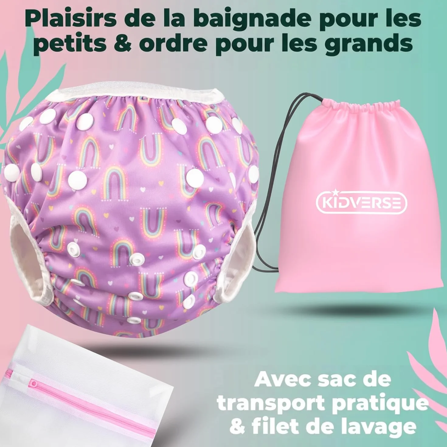 KIDVERSE Couche de Bain Bébé 0-3 Ans Réglable Réutilisable Lavable avec Pochette Fille Garçon