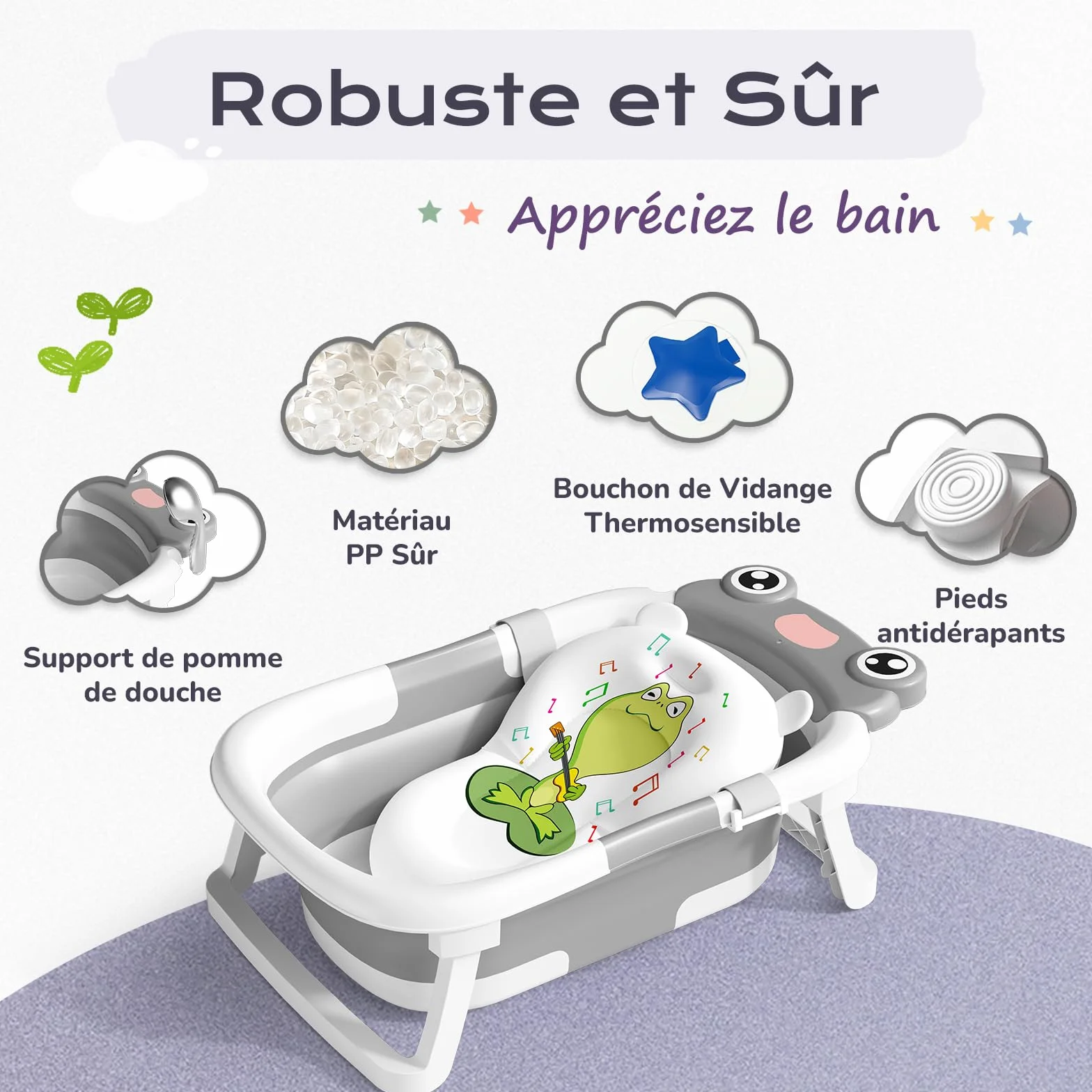 COOSEYA Baignoire Pliable pour Bébé, Grise, Inclut Coussin de Bain, Bouchon d'Évacuation