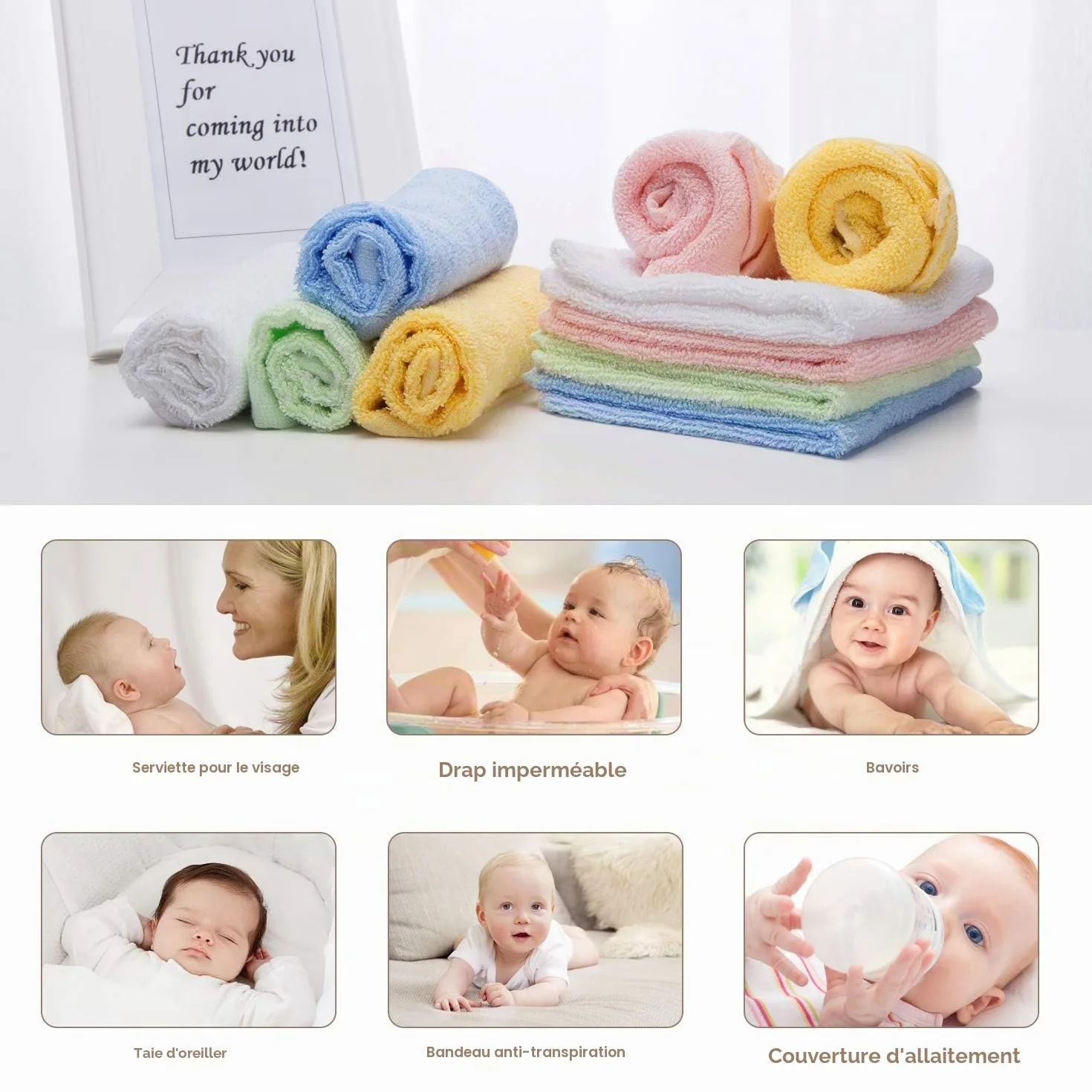 Serviettes de Bébé en Fibre de Bambou 25x25 cm - Lingettes Faciales Multicolores pour Enfants