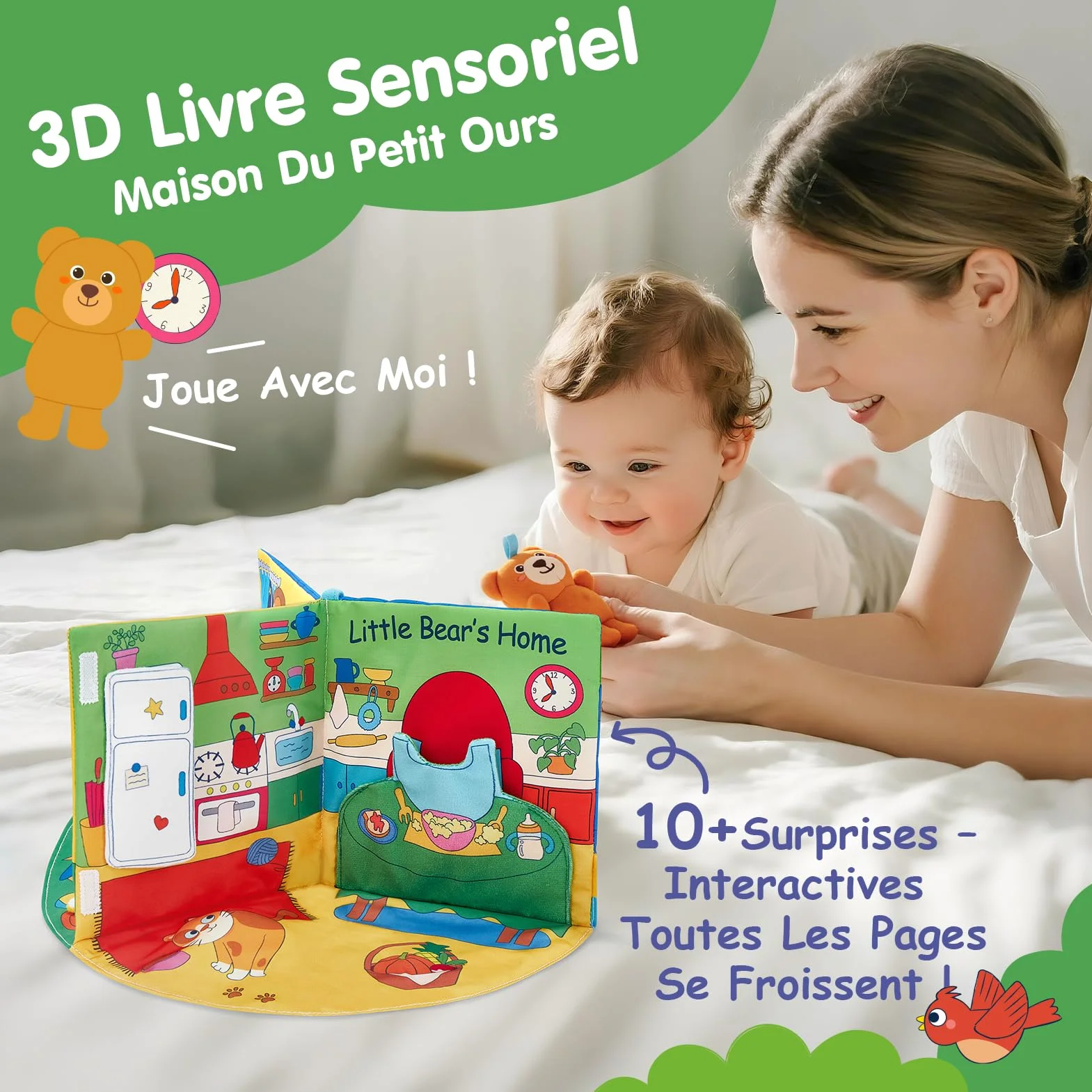 Livre Tissu Bebe Eveil 1 an - Livres activite sensoriel tactiles Bebes, Jouets Tissu Temps sur Ventre 6-18 Mois, Cadeau garcon Fille Enfant