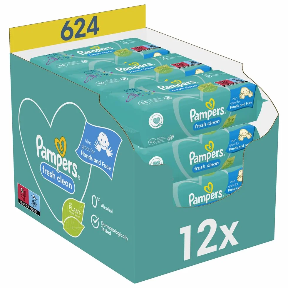 Pampers Lingettes Bébé Fresh Clean 624 Lingettes Lot de 12 x 52 Sans Alcool Testées Dermatologiquement