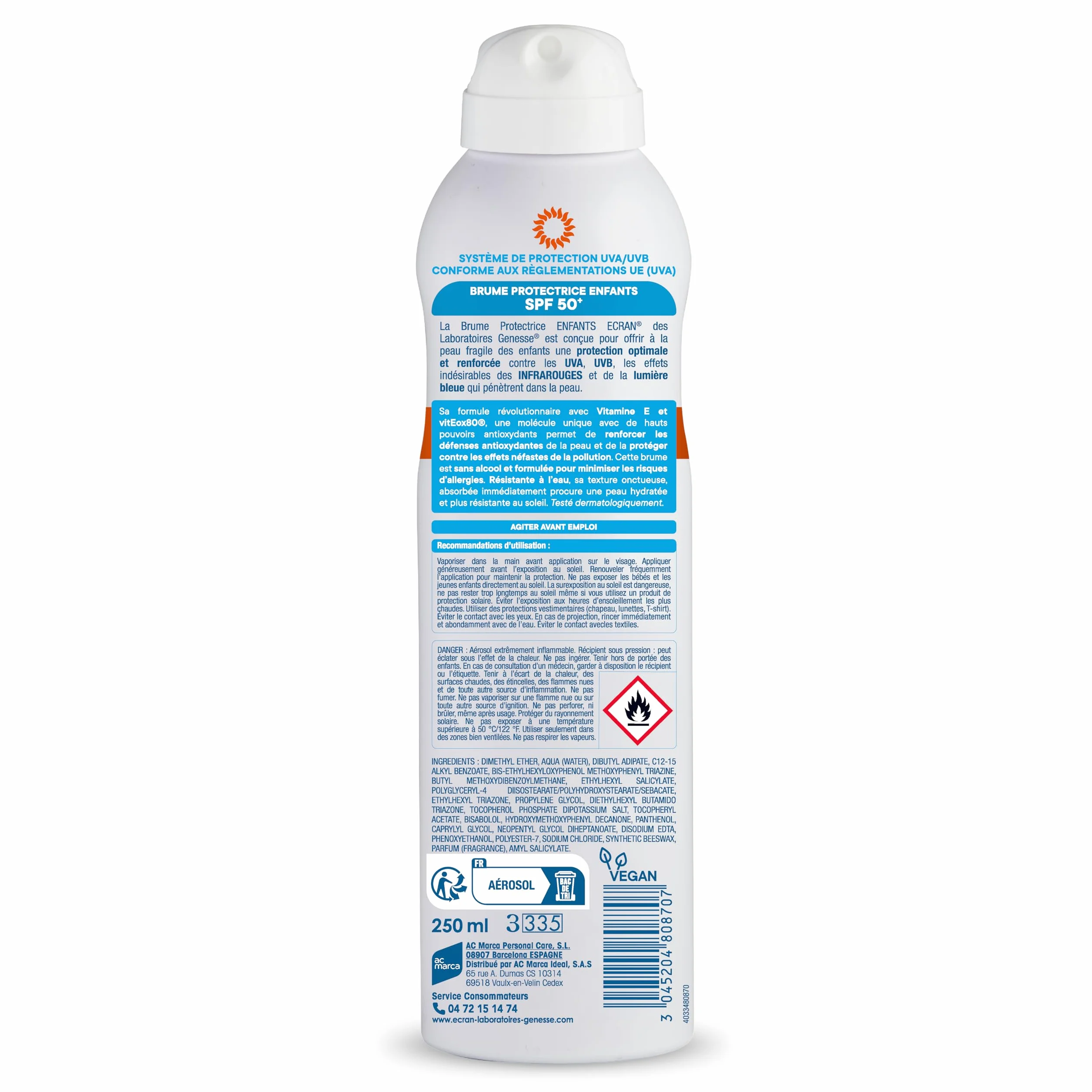 ECRAN Brume Protectrice Enfant SPF 50+ Très Haute Protection UVA UVB Lumière Bleue Résistante à l'eau