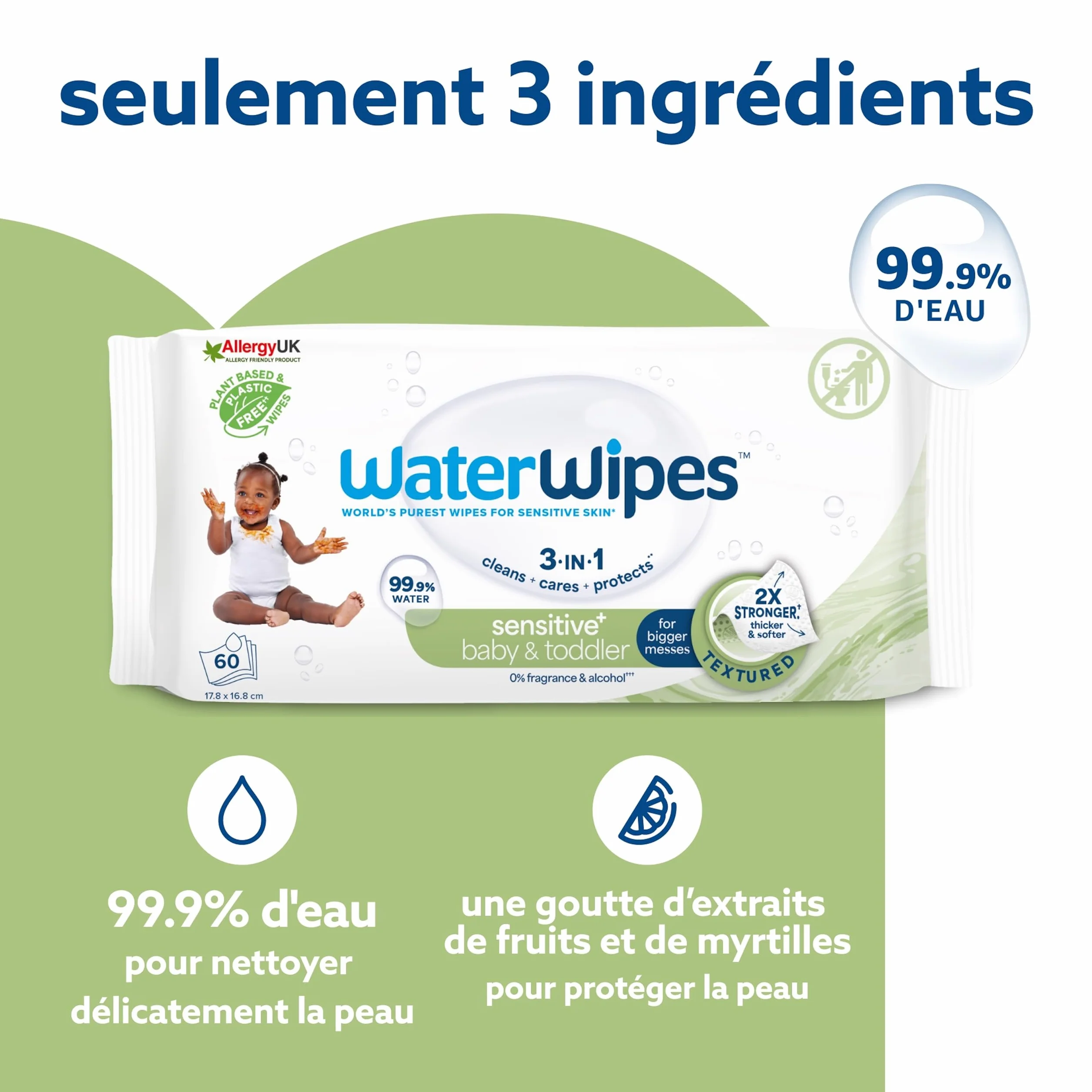 WaterWipes Sensitive+ Lingettes Bébé 240 unités (4 paquets) 99,9% d'eau Textured Clean non parfumées