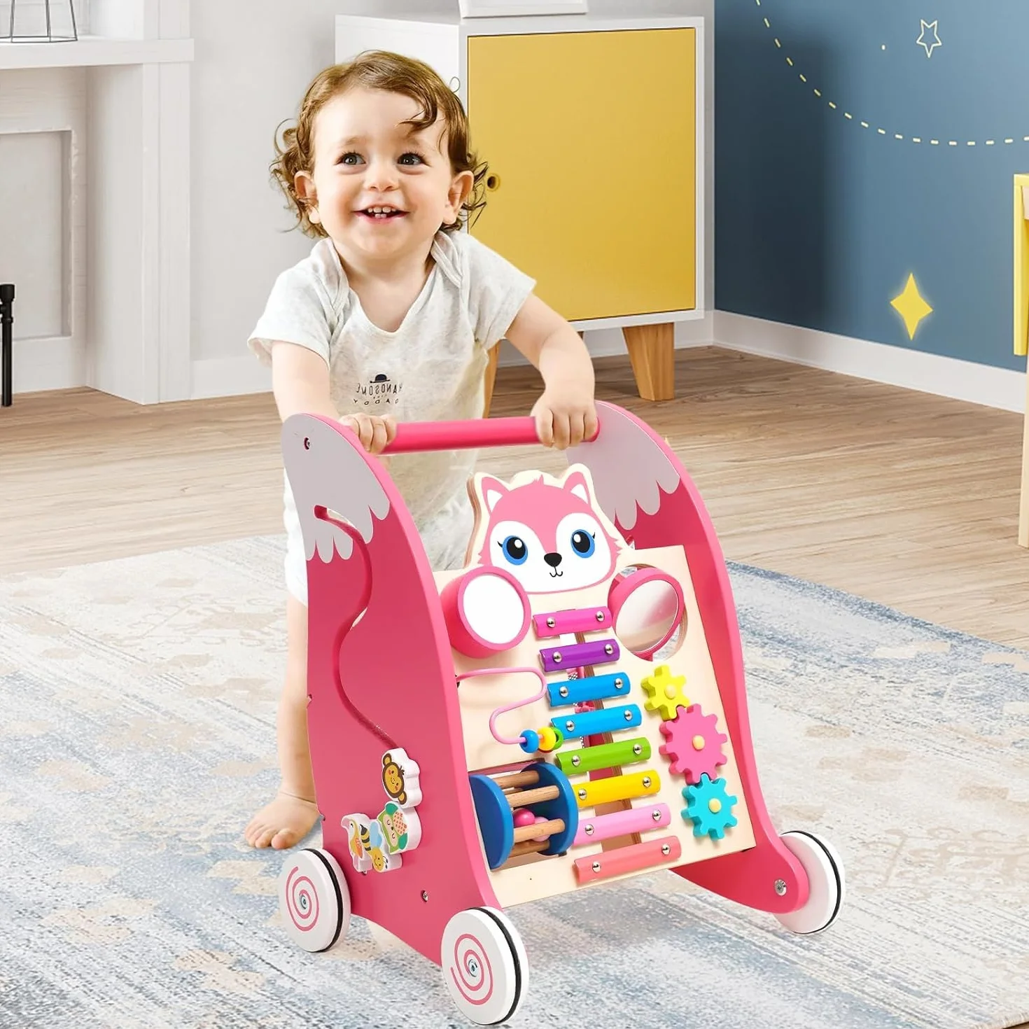 Chariot de Marche Bébé avec Xylophone, Instruments de Musique et Jeu d'Association de Formes, Trotteur Bébé Fille, Jouet Montessori Centre d'Activités Multifonctionnel pour Bébés de 6 Mois et Plus, Rose