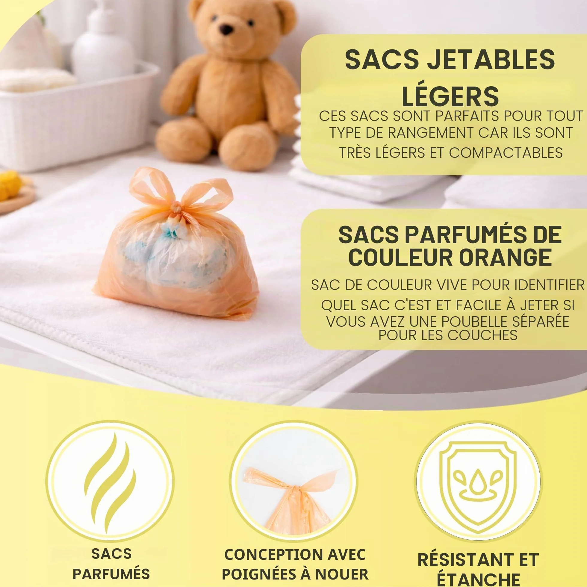 400 sacs à couches colorés avec poignées à nouer, parfumés anti-odeurs, durables anti-fuites