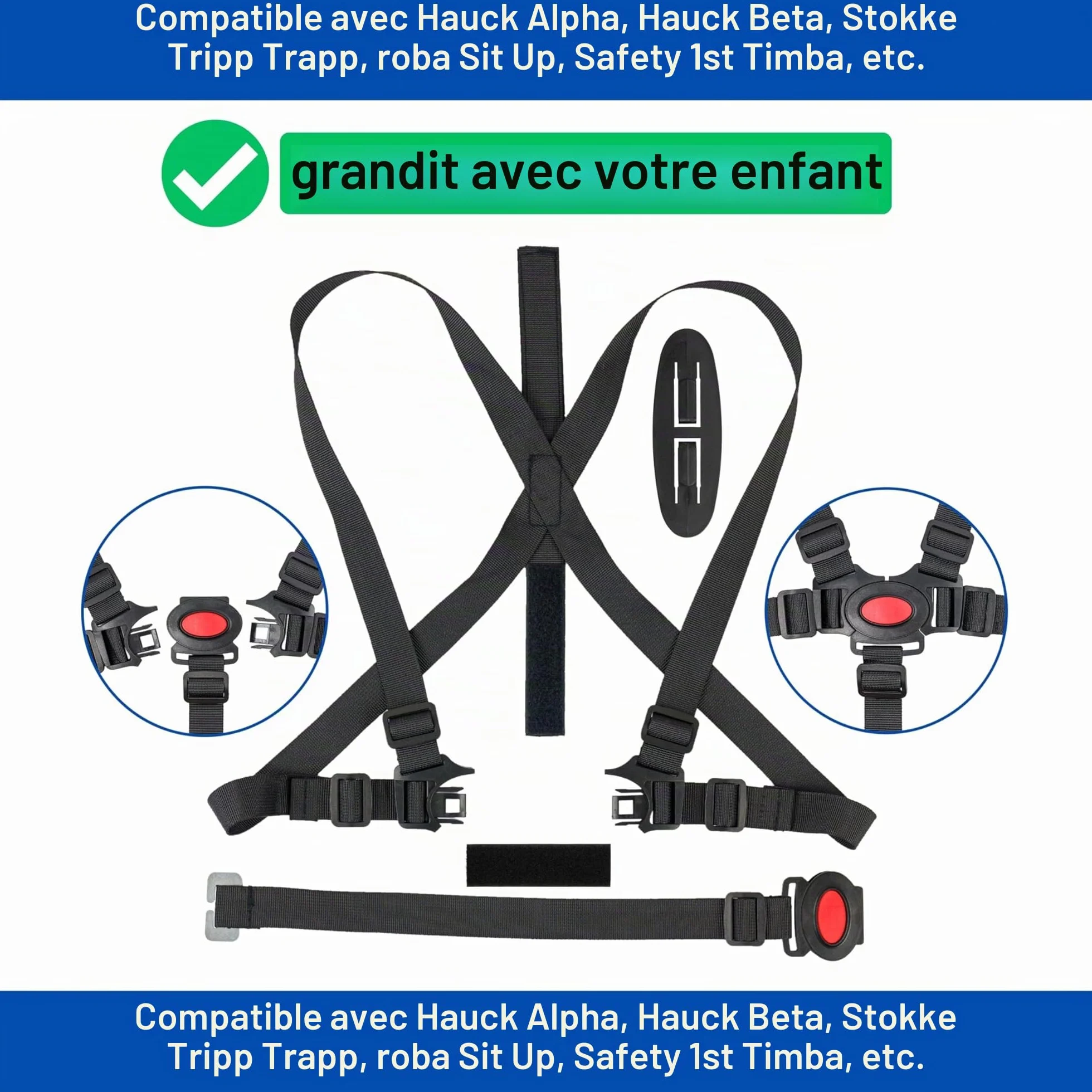 Chaise haute système de harnais 5 points Noir compatible Hauck Stokke Tripp Trapp Roba