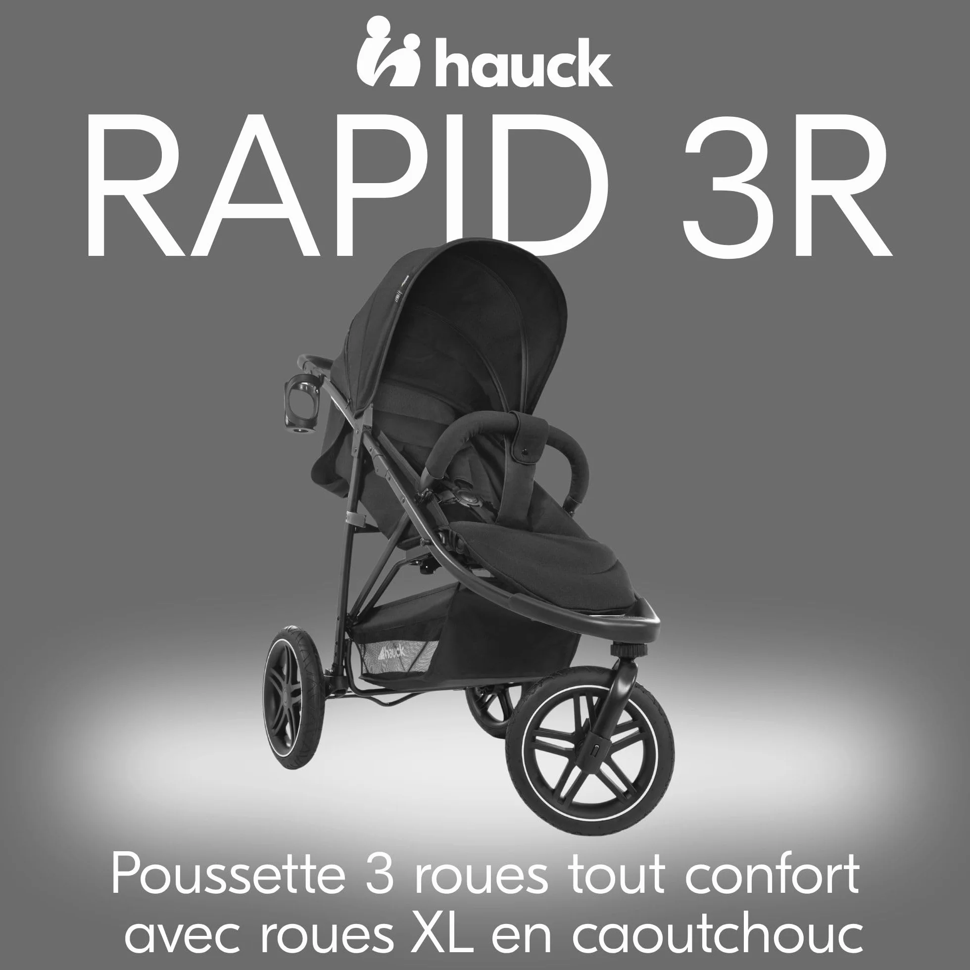 Hauck Poussette 3 Roues Rapid 3R, Pneus Caoutchouc, Suspension, Position Allongée, 22 kg, Protection UV 50+, Pliable, Guidon Réglable, Noir