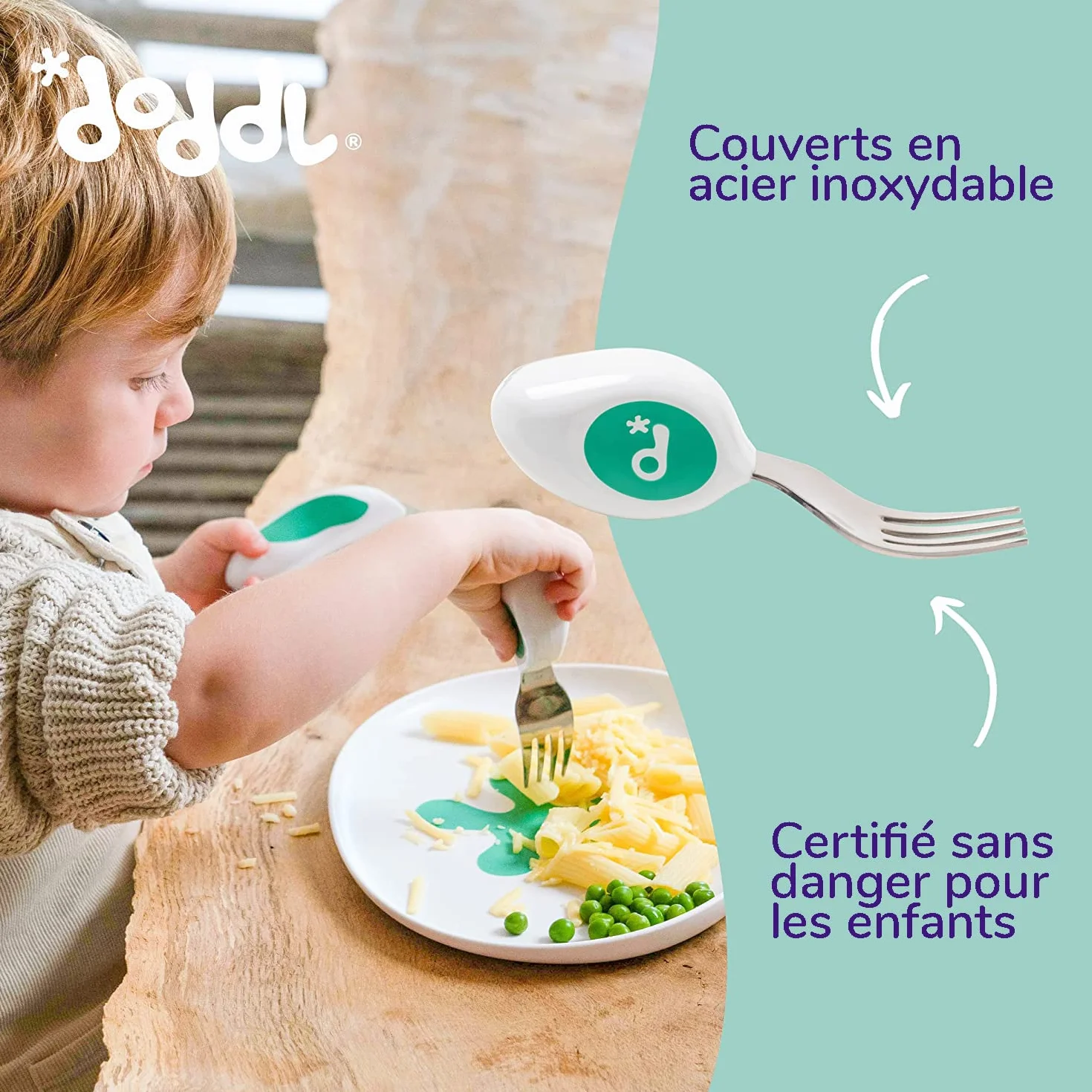 Ensemble 2 pièces cuillère fourchette doddl - Couverts pour tout-petit, ustensiles sevrage 1 an+ Aqua