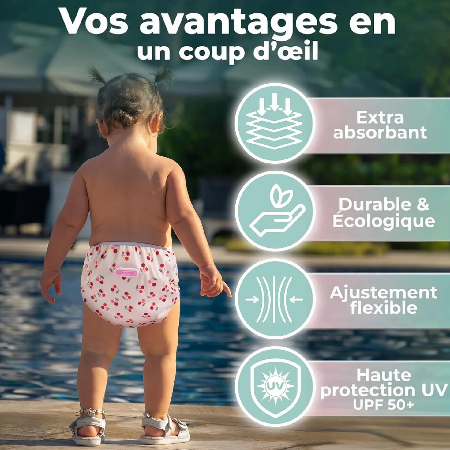 KIDVERSE Couche Piscine Bébé 0-3 Ans Réglable Réutilisable Lavable avec Pochette Fille Garçon