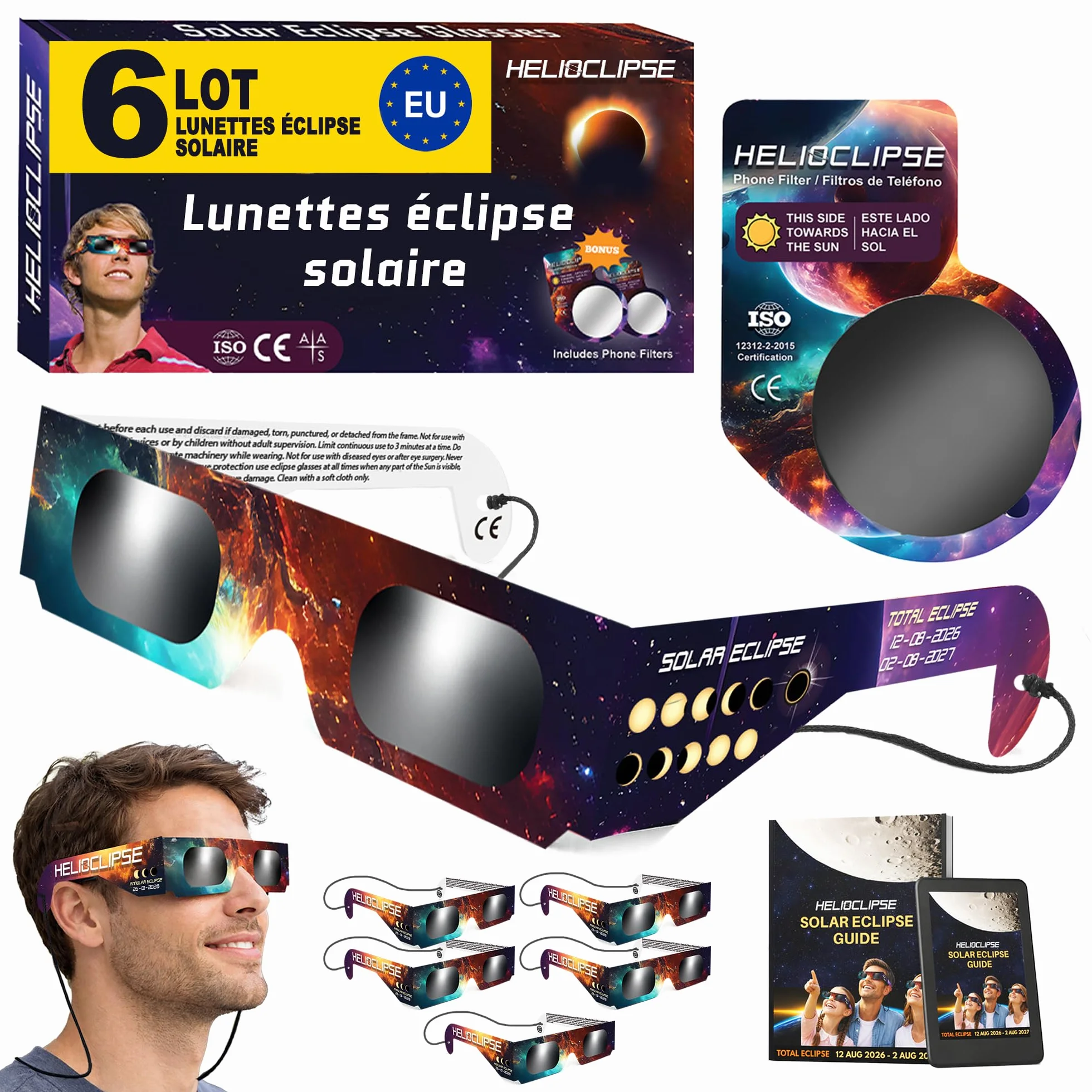 Helioclipse Lot de 6 lunettes pour éclipse solaire avec filtre pour téléphone