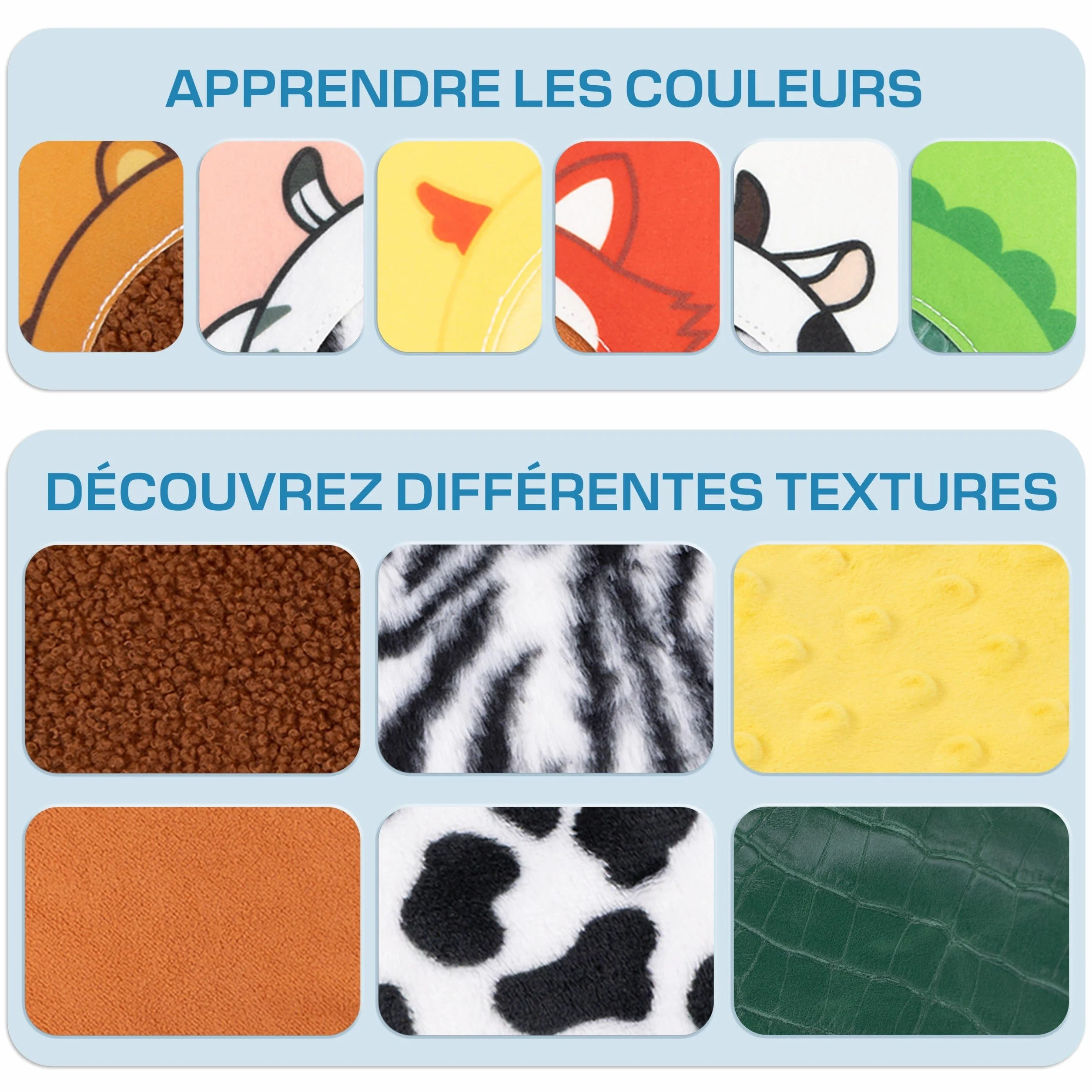 The Little Ones Malin I Livre sensoriel d'éveil Montessori motricité fine français bébé 1-3 ans busy board animaux textures pages couleurs
