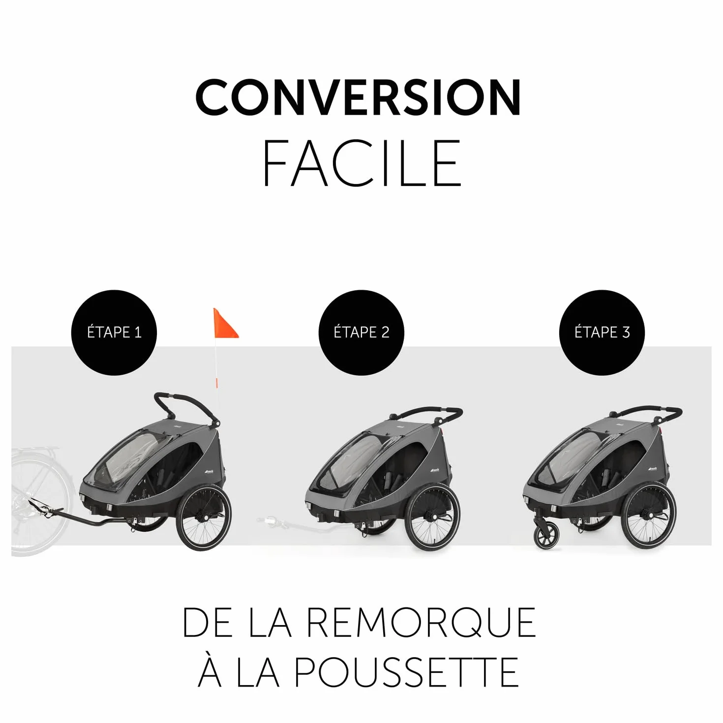 Hauck Remorque Velo Poussette 2 Enfants 2-en-1 Dryk Duo Pliable Coffre XL Gris