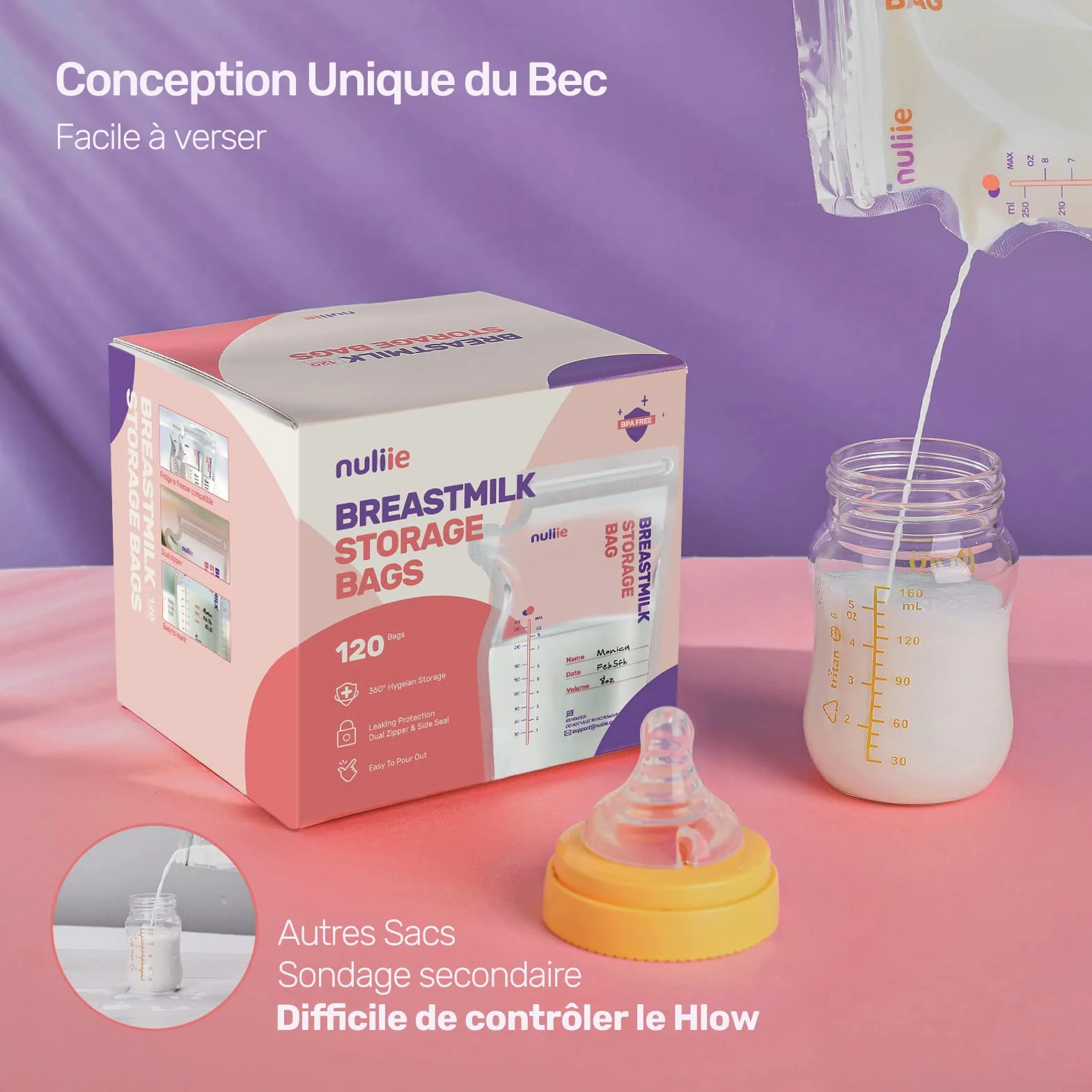 Sachets de Conservation Lait Maternel 250ml Lot de 120, Pré-stérilisés, Sans BPA, Double Glissière