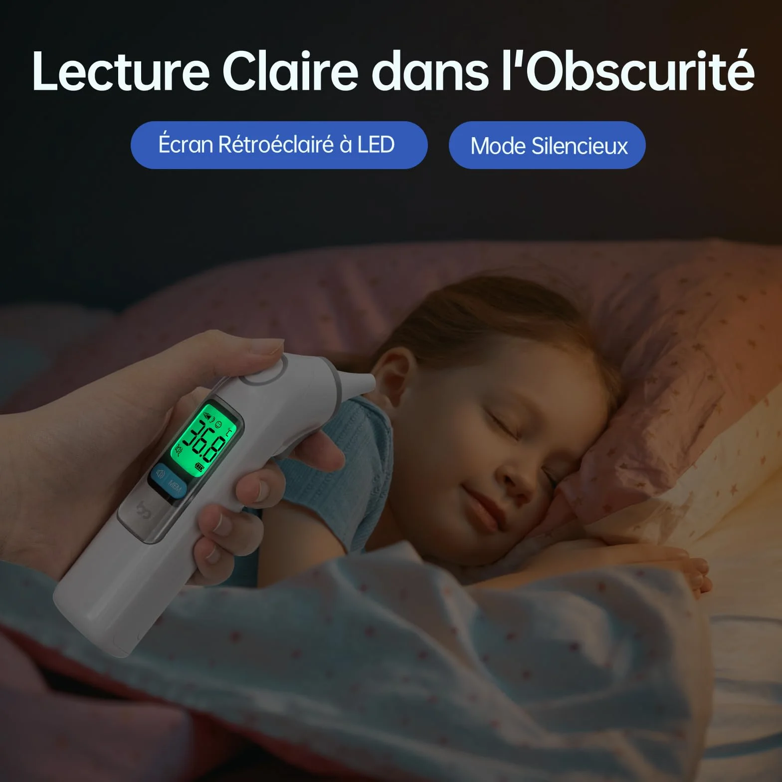 Thermomètre Auriculaire Professionnel avec Code d'Alerte Fièvre 3 Couleurs, Mode Silencieux, 24 Couvre-Sondes Jetables