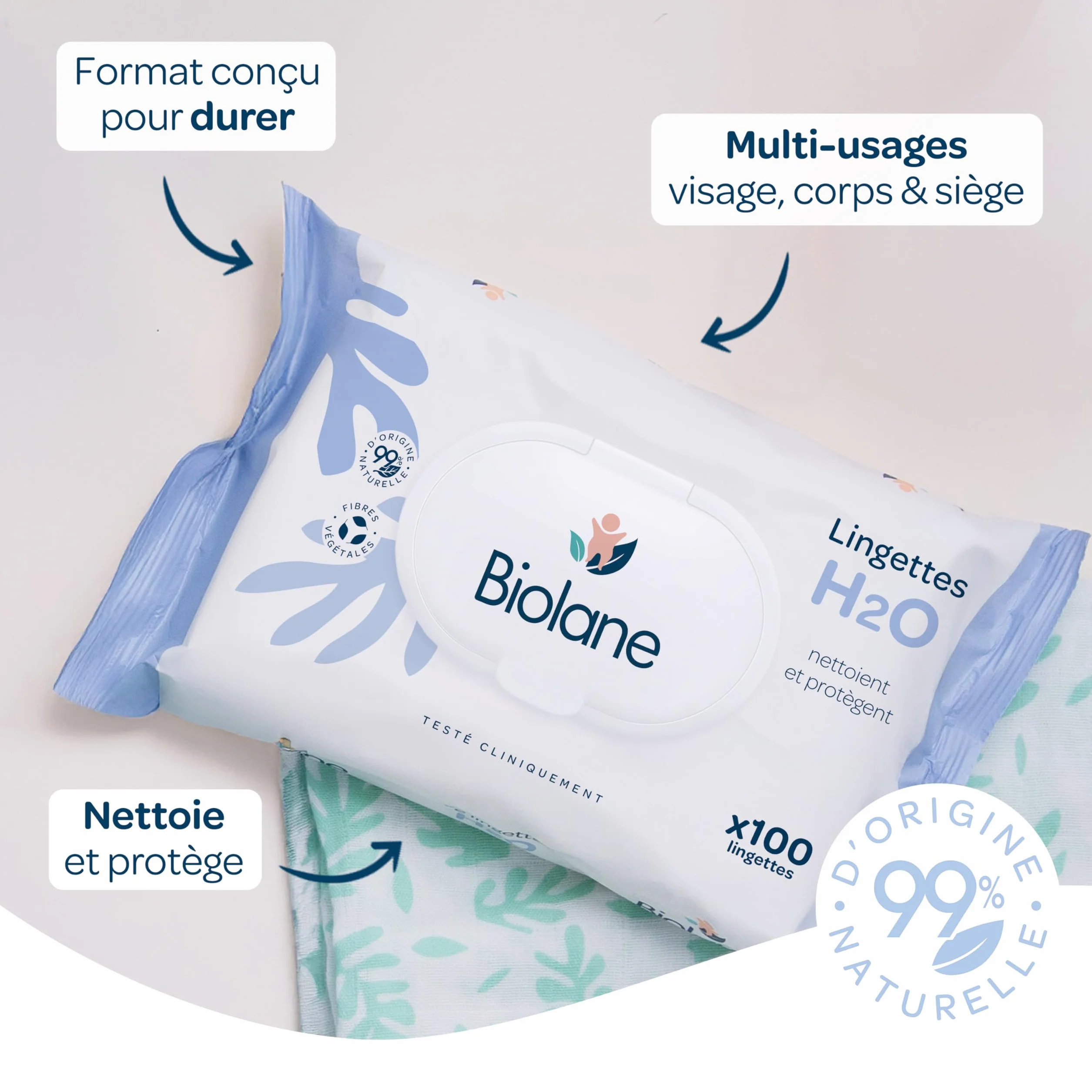 BIOLANE Lingettes bébé à l'eau 100 pièces 99% d'origine naturelle dès la naissance