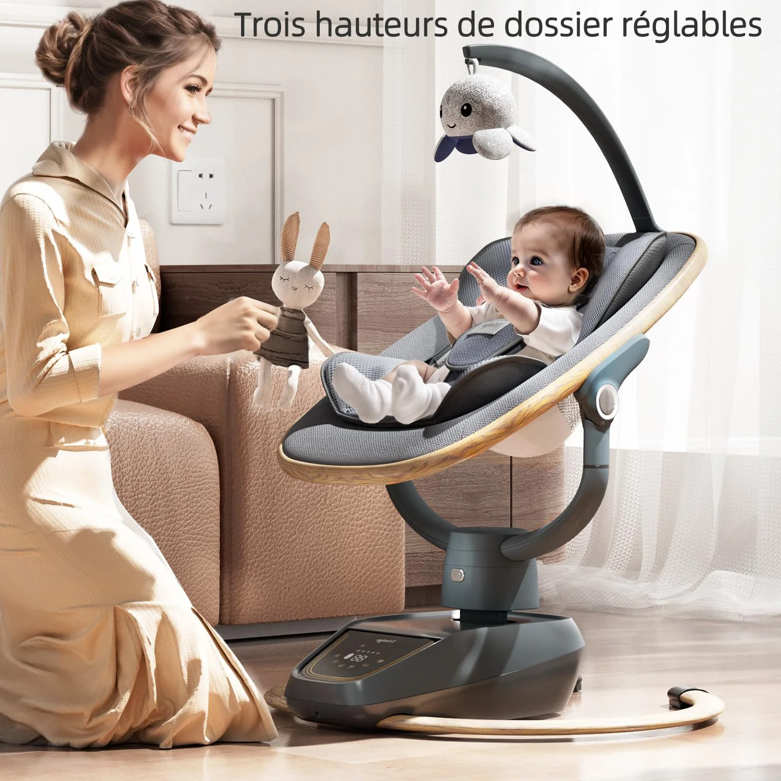 Balançoire bébé électrique 180° réglable 3D avec télécommande 5 modes 4 vitesses 0-12 mois bois
