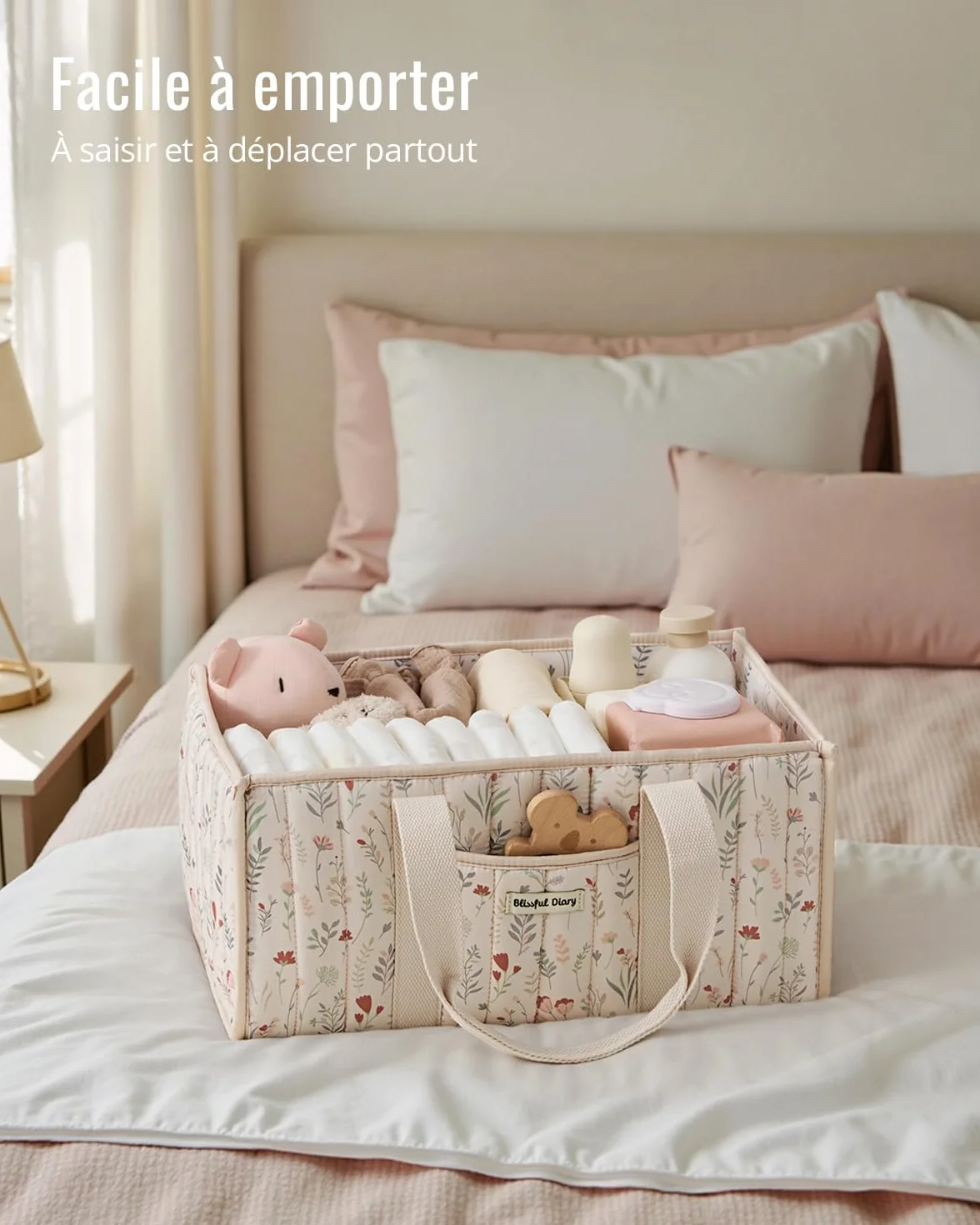 Blissful Diary Panier Rangement Bébé Organiseur Couches Table à Langer Fleurs Beiges