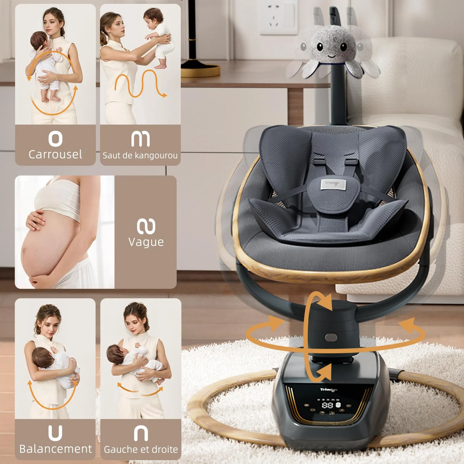 Balançoire bébé électrique 180° réglable 3D avec télécommande 5 modes 4 vitesses 0-12 mois bois