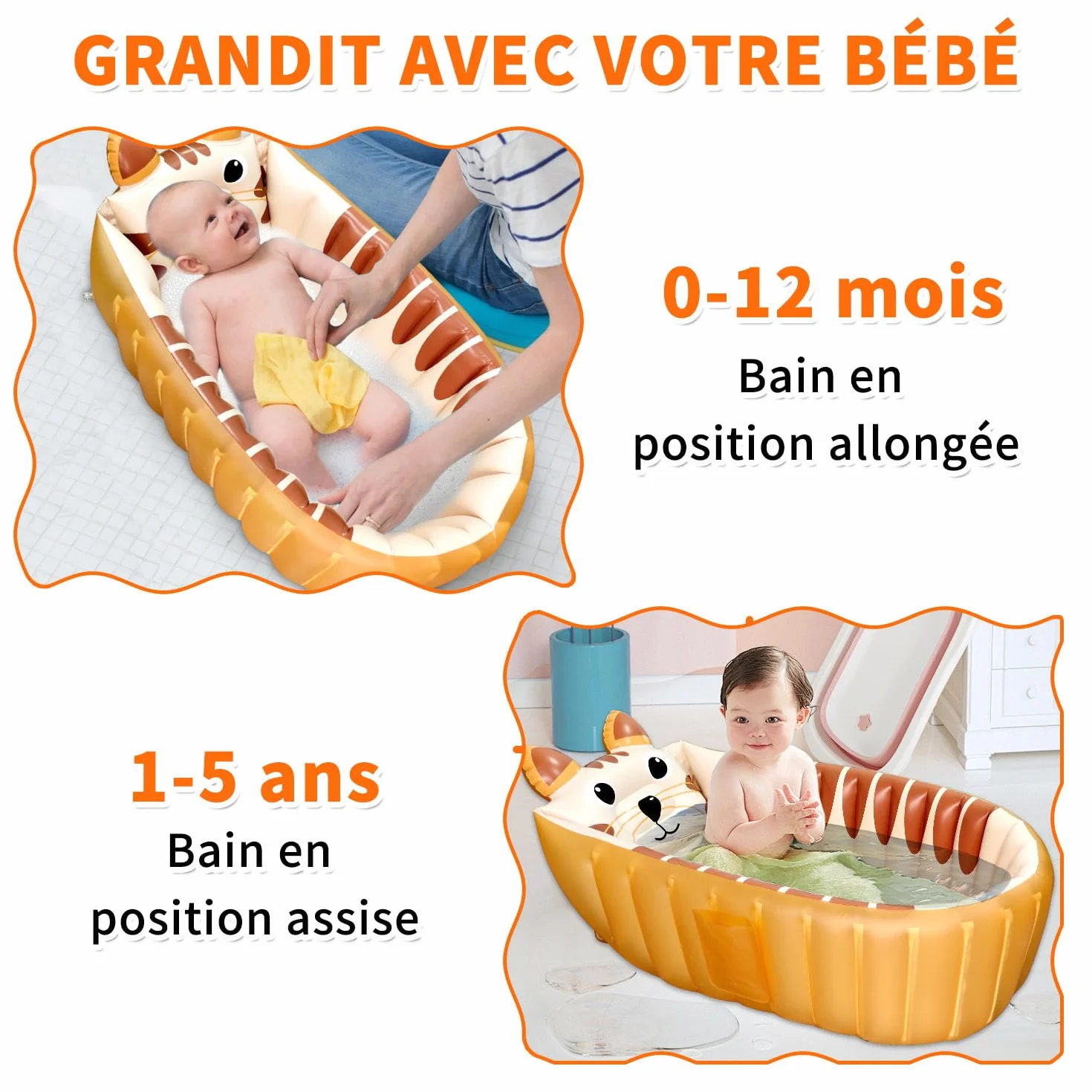 Baignoire Bebe Gonflable Pliable, Bassin de Douche pour Bébé, Mini Piscine Gonflable Orange