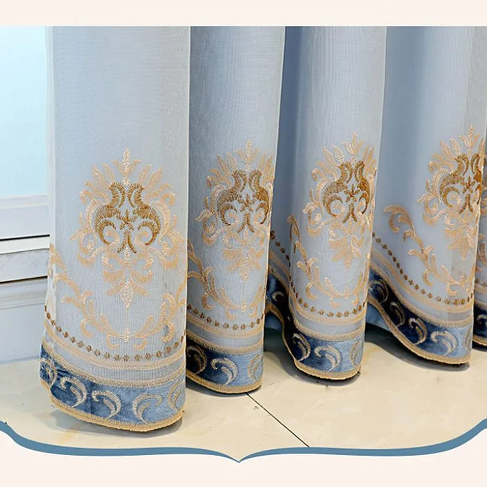Rideaux occultants double couche dentelle brodés 167x213 cm bleu