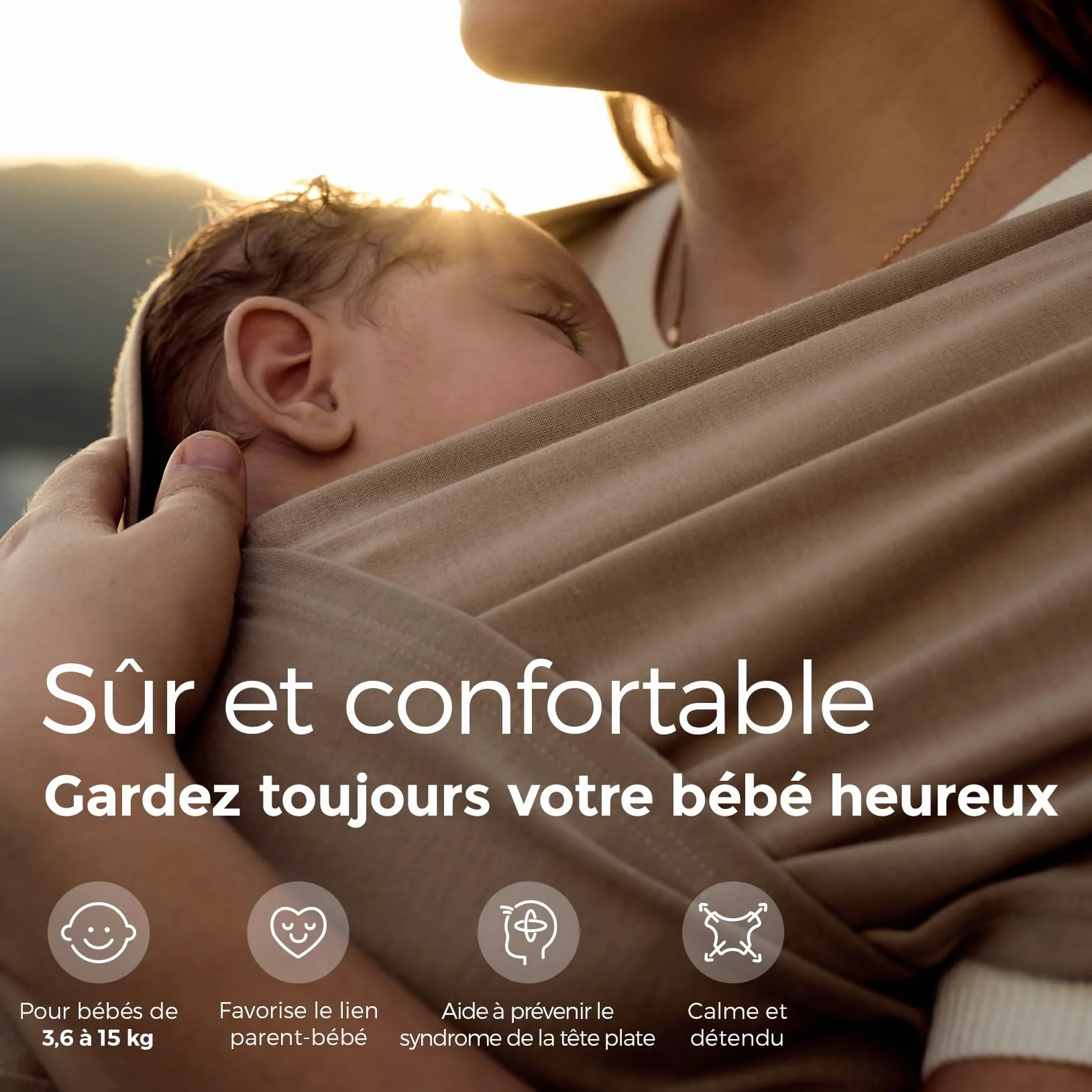 Momcozy Écharpe de Portage Bébé Nouveau-nés Anneaux Facile Enfiler Respirante Mains Libres Porte-bébé Réglable 3,6-15 kg Beige sable