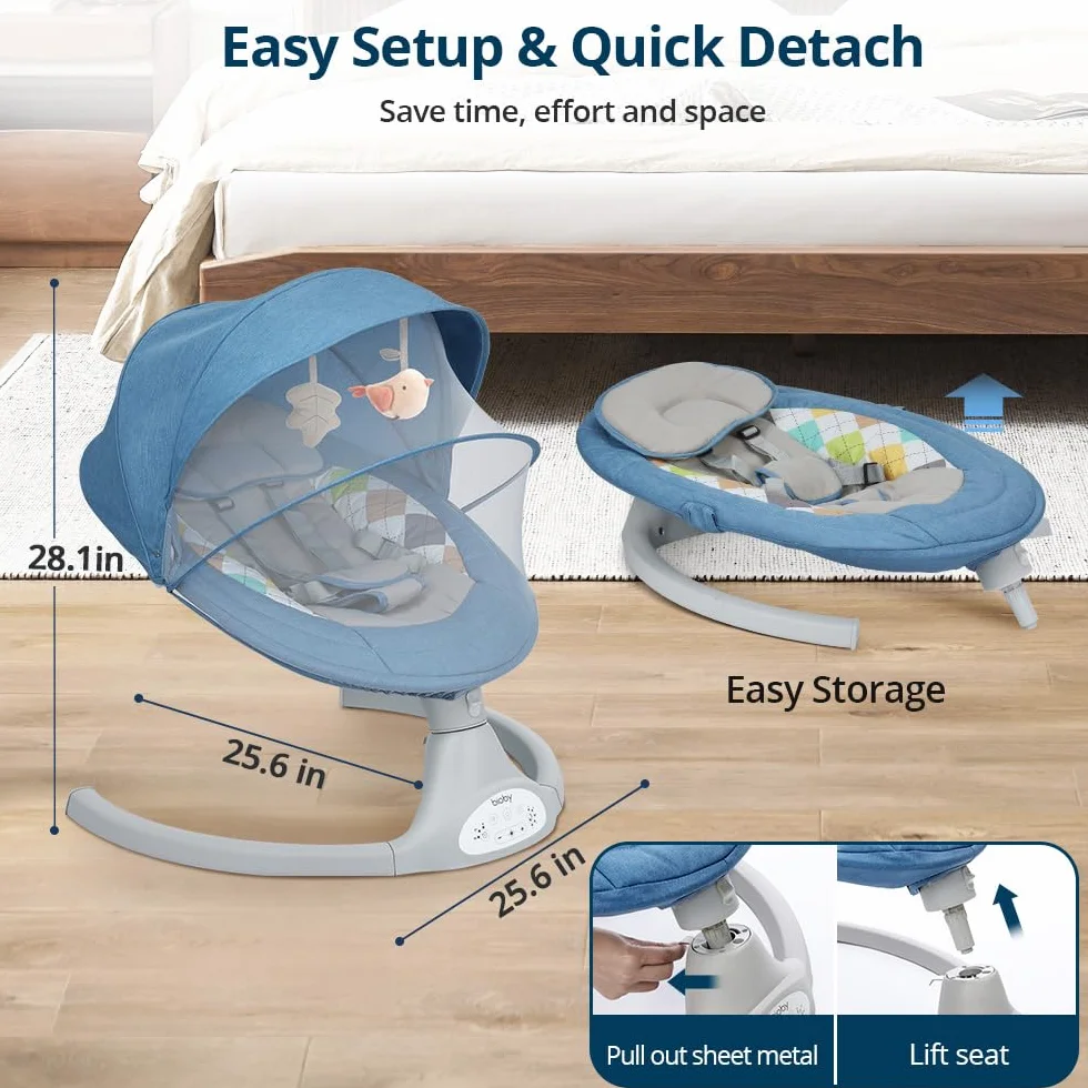 Bioby Balancelle Bebe Electrique Transat Bebe Harnais 5 Points 5 Modes Balancement Pliable Bluetooth Telecommande Bleu