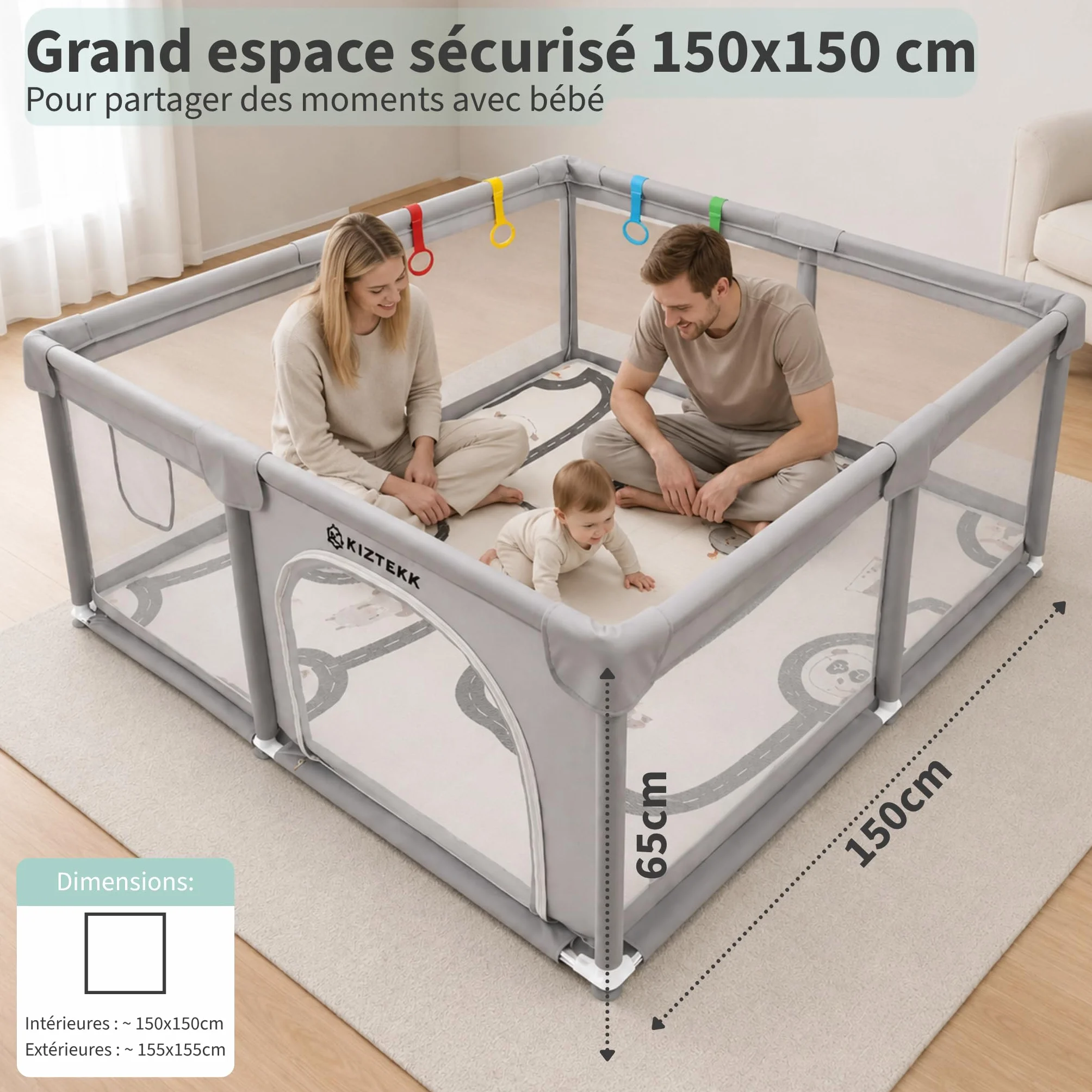 Parc Bebe 150x150 cm Pliable avec Tapis de Sol - Visibilité 360° - 2 Sacs de Rangement