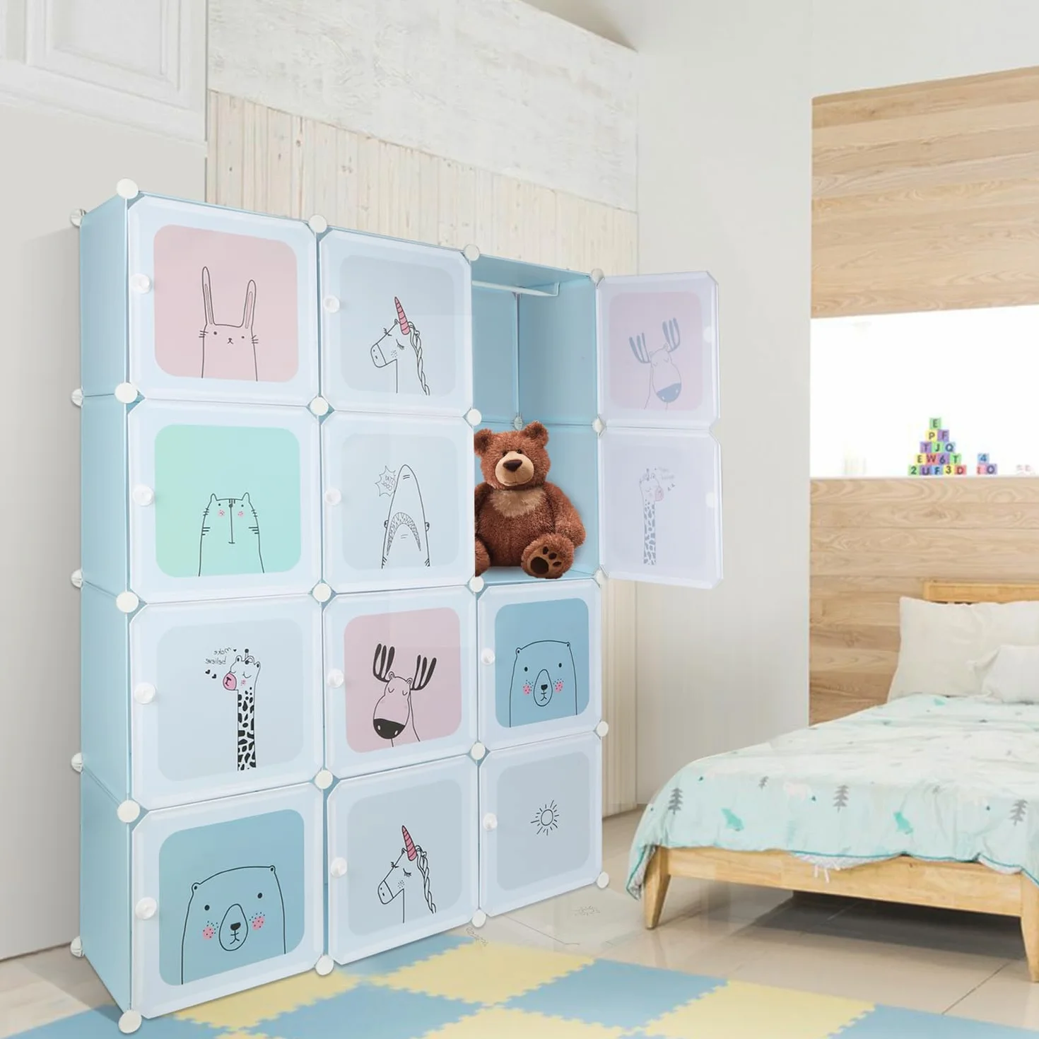 Armoire De Rangement Enfant 12 Cubes avec Portes, Meuble Cube pour Jouets, Vêtements, Chaussures Bleu 110x37x145cm