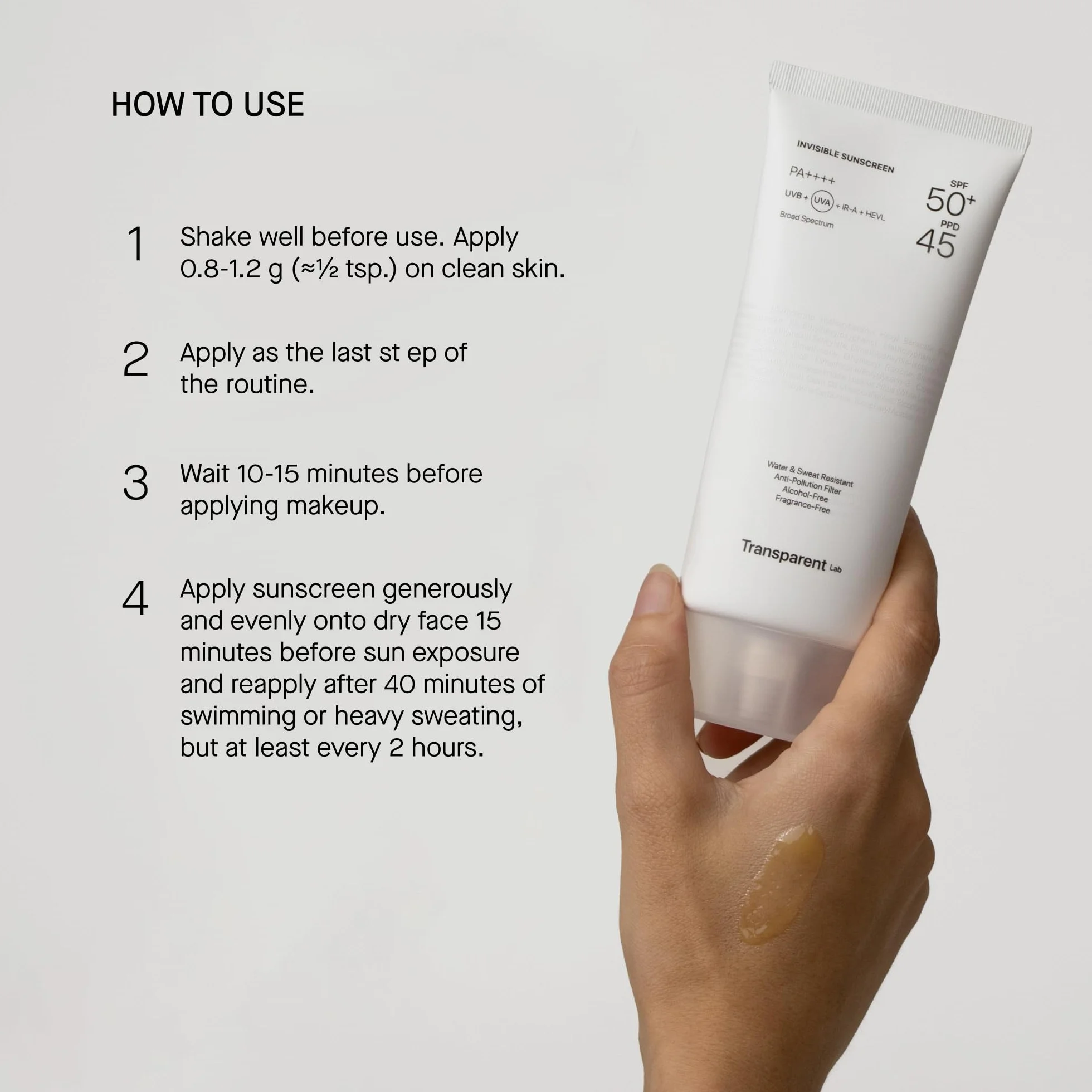 Transparent Lab Invisible Sunscreen SPF50+ 100 ml Crème solaire visage haute protection UVA/UVB lumière bleue Vitamine C Céramides Vitamine E texture sèche sans traces blanches