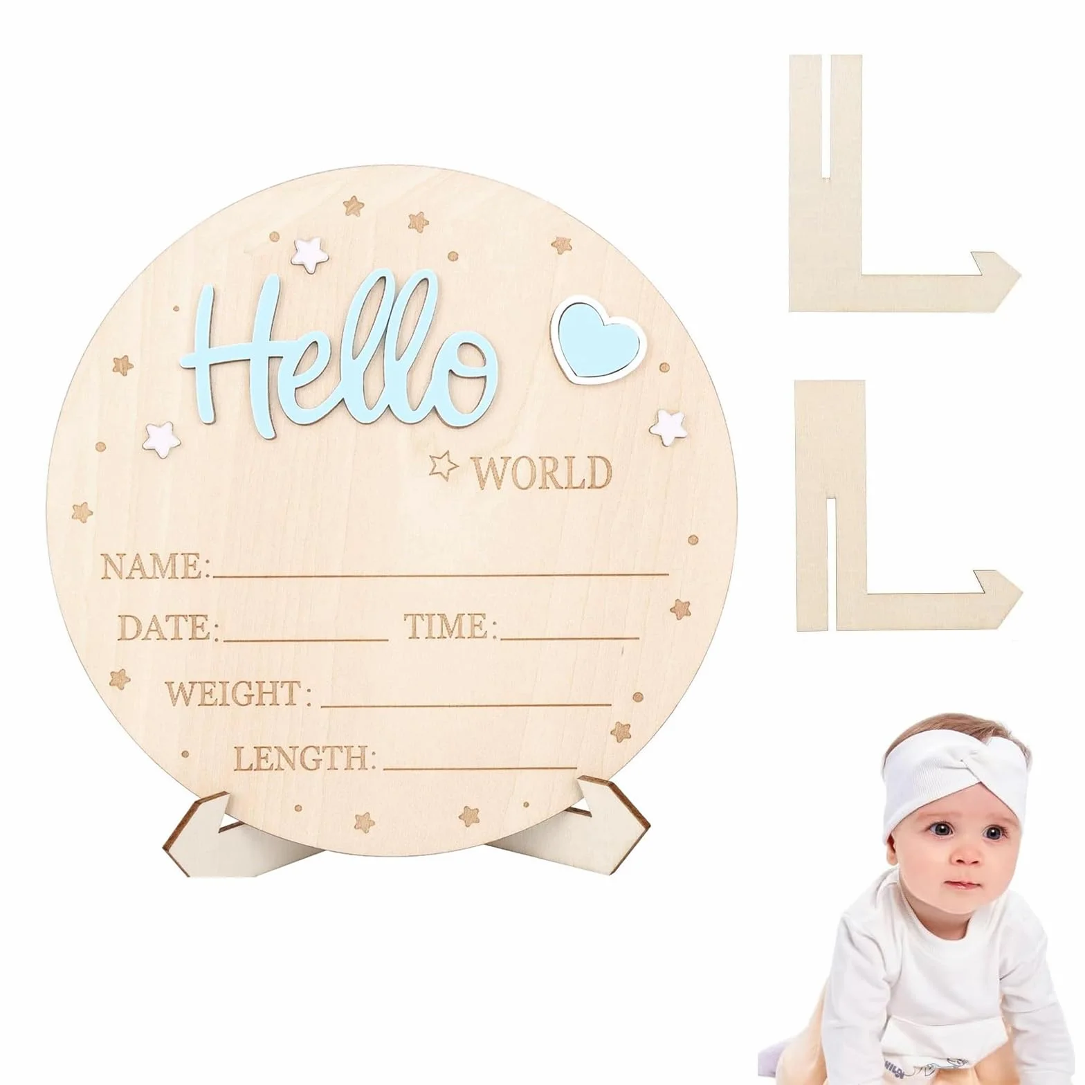 Plaque Annonce Bébé « Bonjour Monde » en Bois Bleu, Carte du Monde pour Pronostic de Naissance, Décoration Chambre Bébé