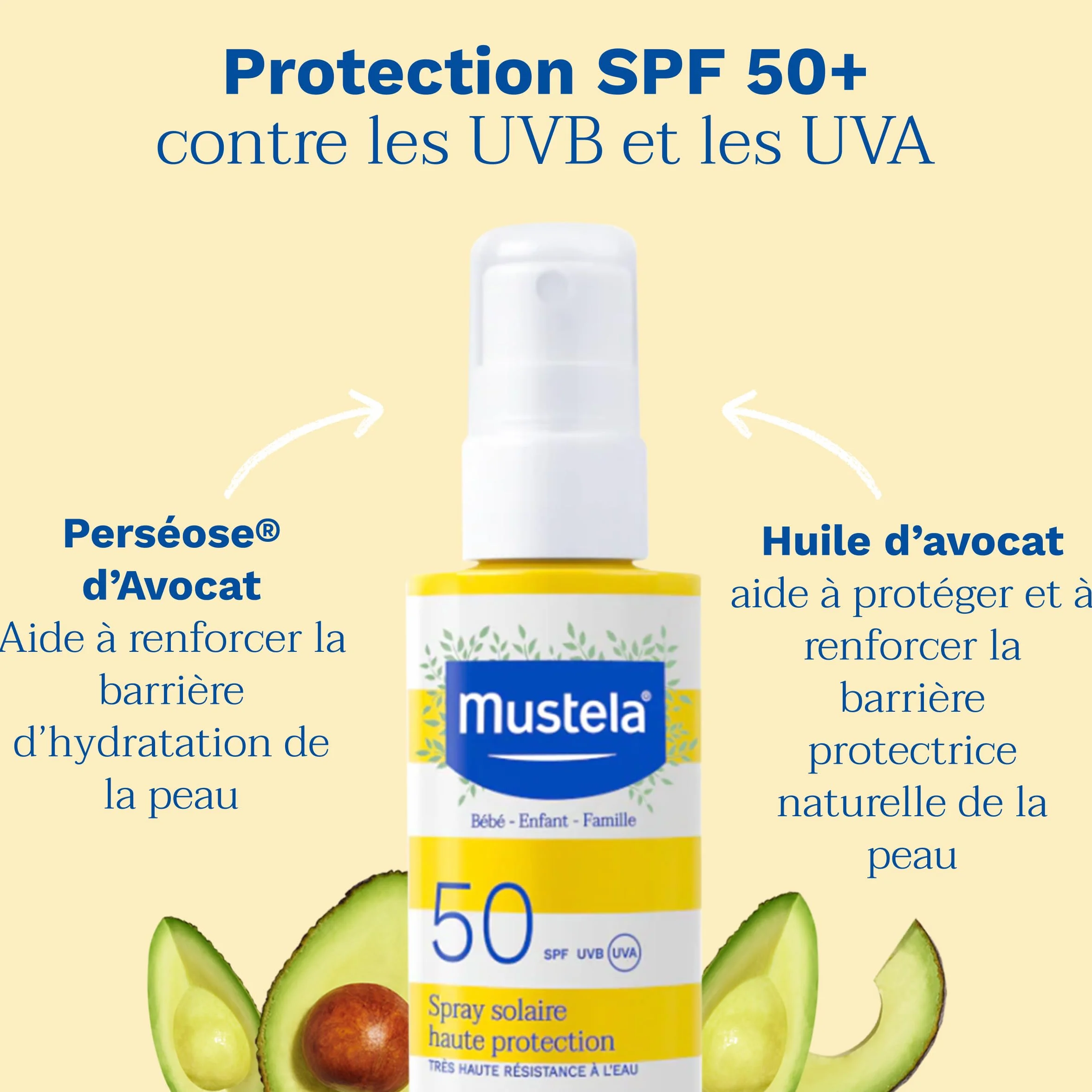 Mustela Spray Solaire Haute Protection SPF 50 Avocat Bio Famille Naissance Résistant Eau Sable