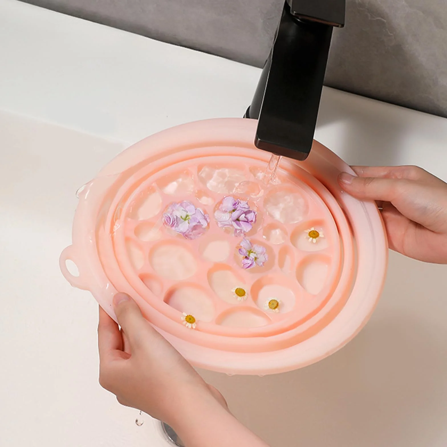 Bol en Silicone pour Visage avec Bac à Glaçons Intégré, Pliable, Portable, Rose