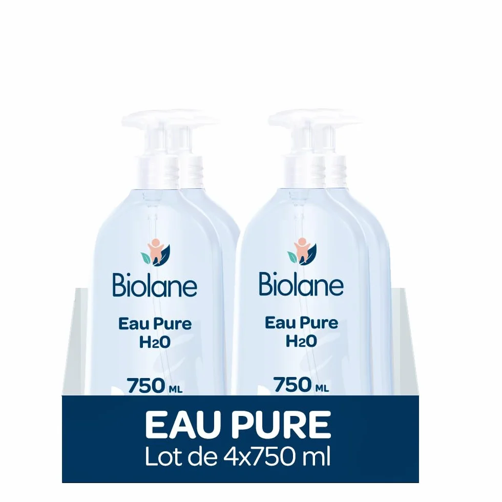 BIOLANE Lot de 4 Flacons Eau Pure H2O Nettoyant Bébé Sans Rinçage 750ml Fabriqué en France