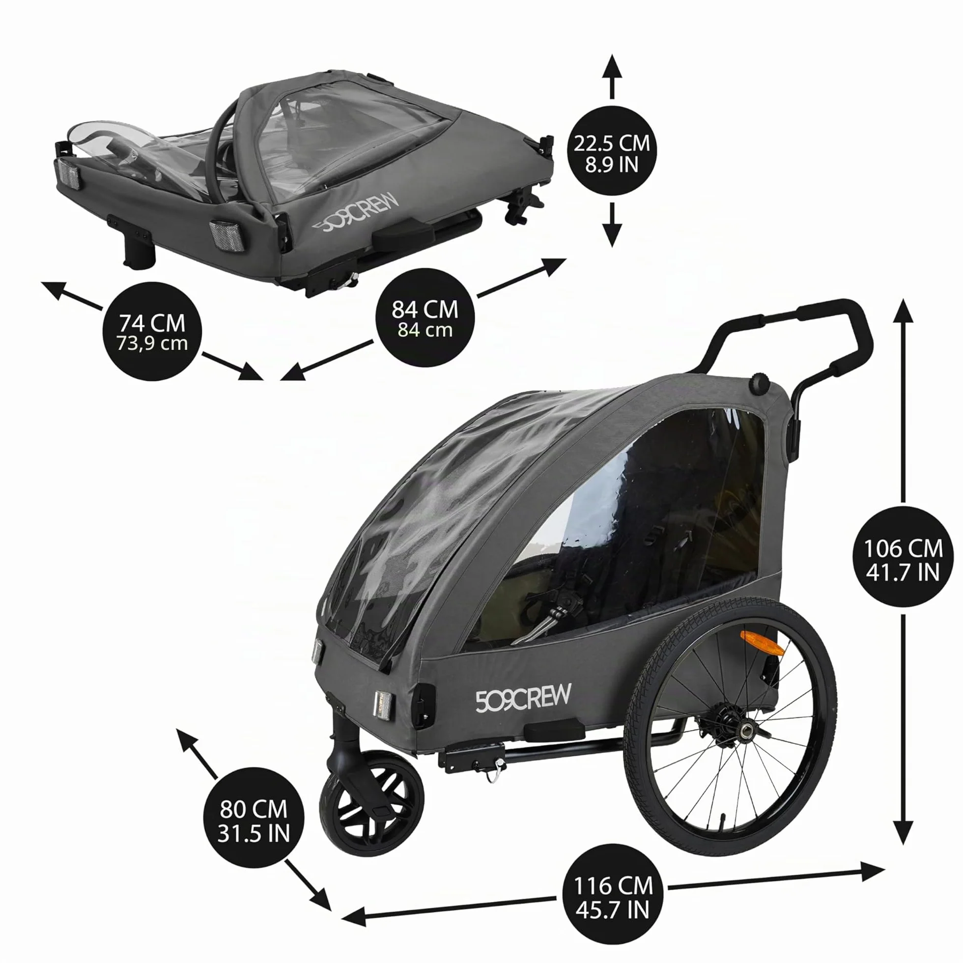 509 Trailer II Multi Use Bicycle Trailer for Kids Pet Cargo Convertible 3-Wheel Push Wagon Max Load 50kg Raincover