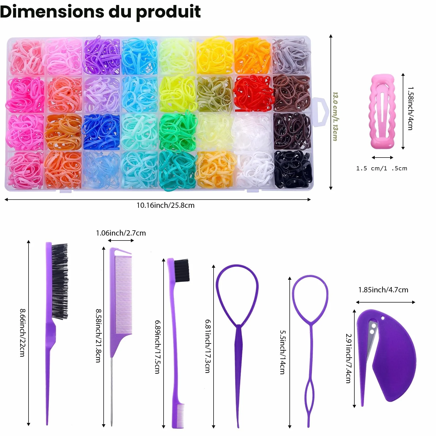 Mini élastiques pour cheveux 32 couleurs – Set coiffage 2000 pièces avec coupeur