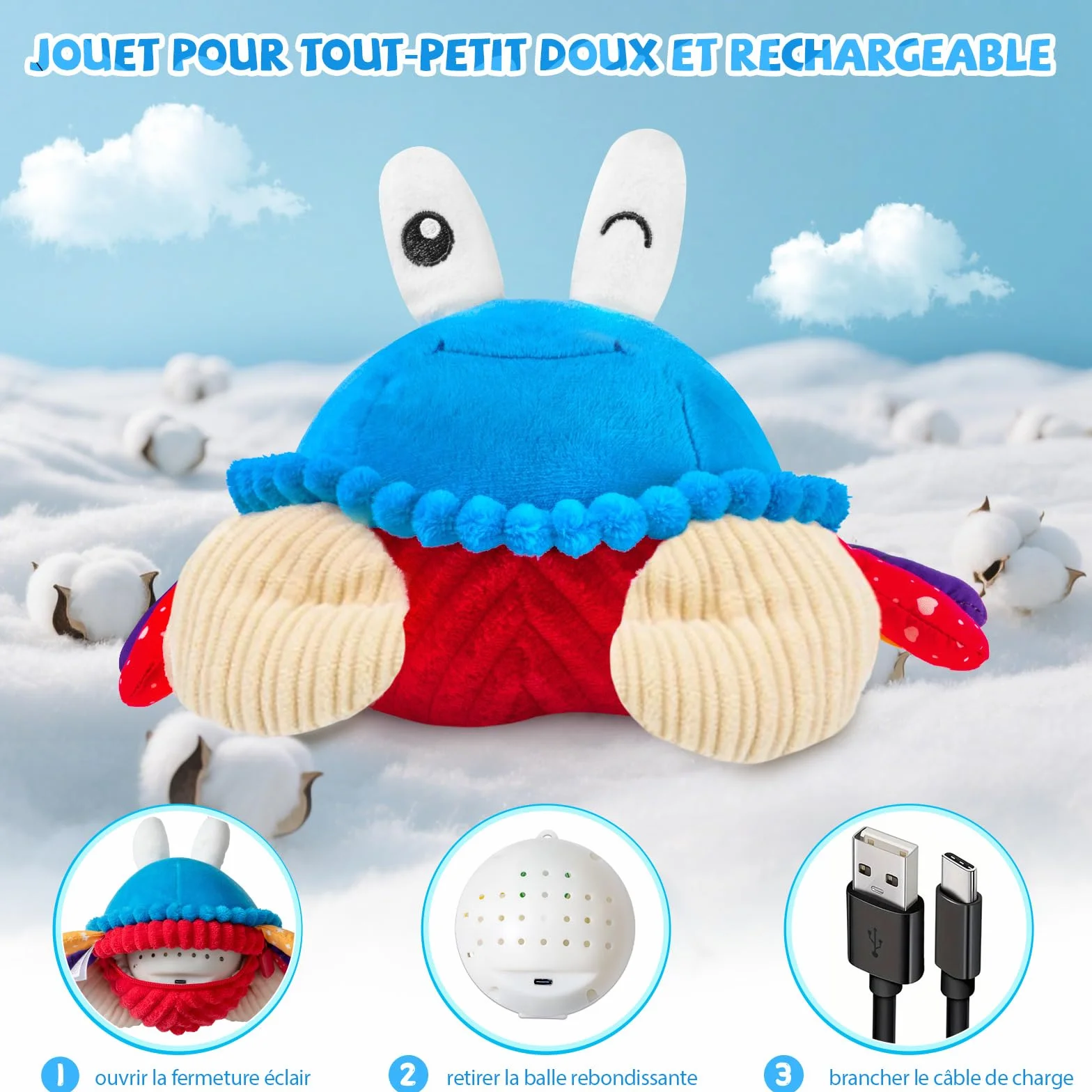 SAIMAND Jouet Bébé 6-18 Mois Peluche Crabe Musicale Interactive avec Enregistrement Jeu Sensoriel Cadeau Garçon Fille 1 2 3 Ans Bleu