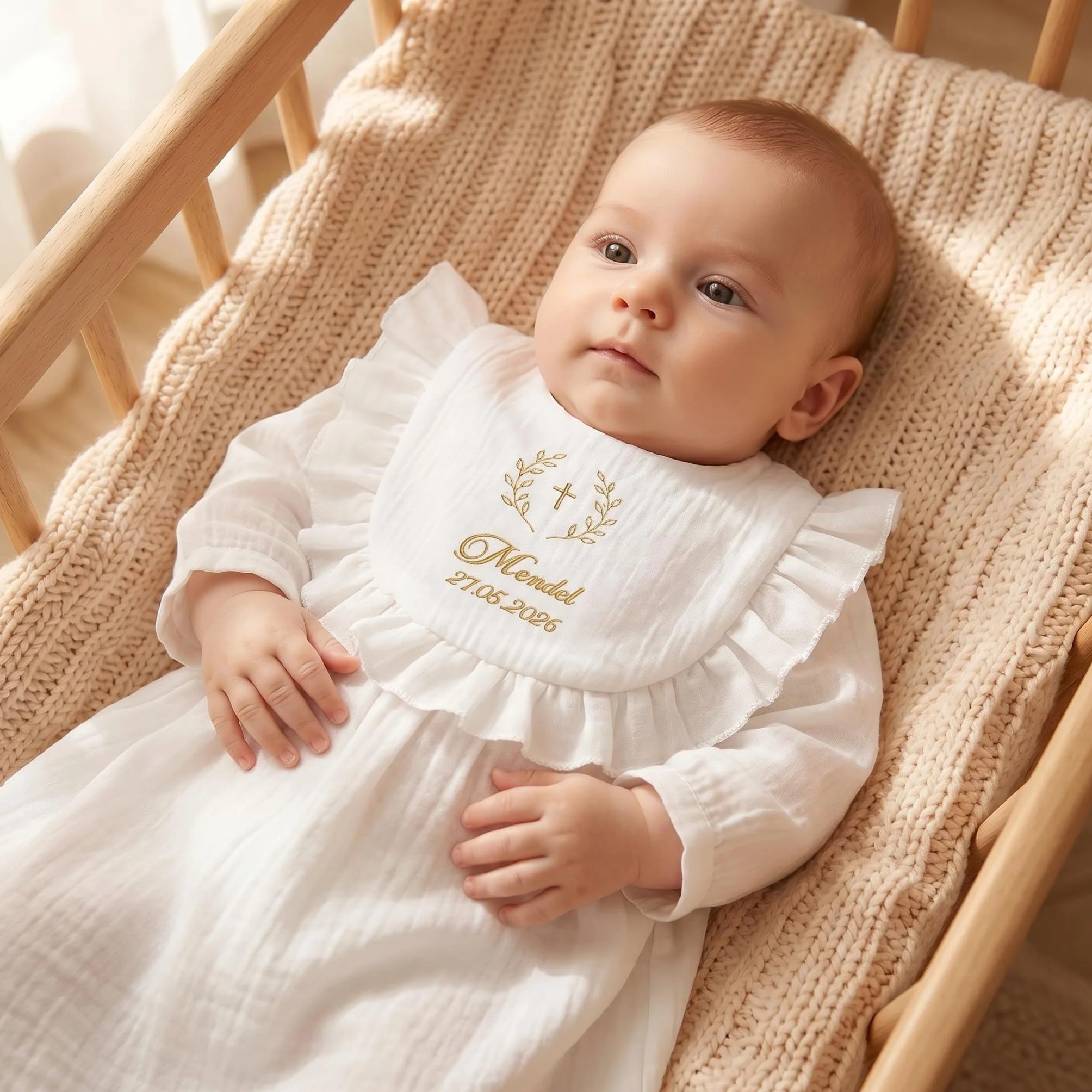 Bavoir Baptême Personnalisé Bébé 100% Coton Doux Broderie Prénom Date Cadeau Coffret