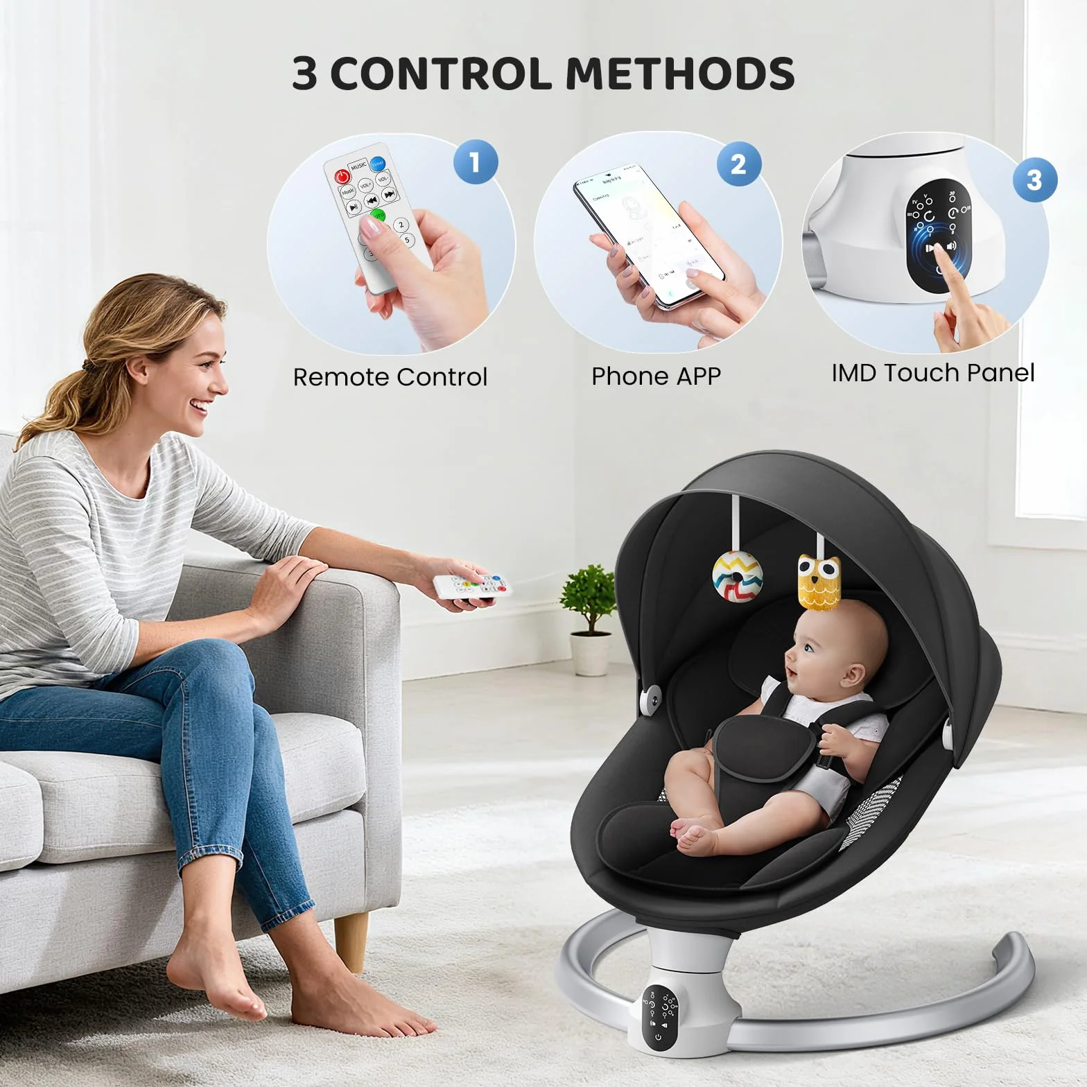 Transat Bébé Électrique avec APP & Télécommande, Balancelle Bébé 5 Vitesses, 10 Musiques, Bluetooth Noir