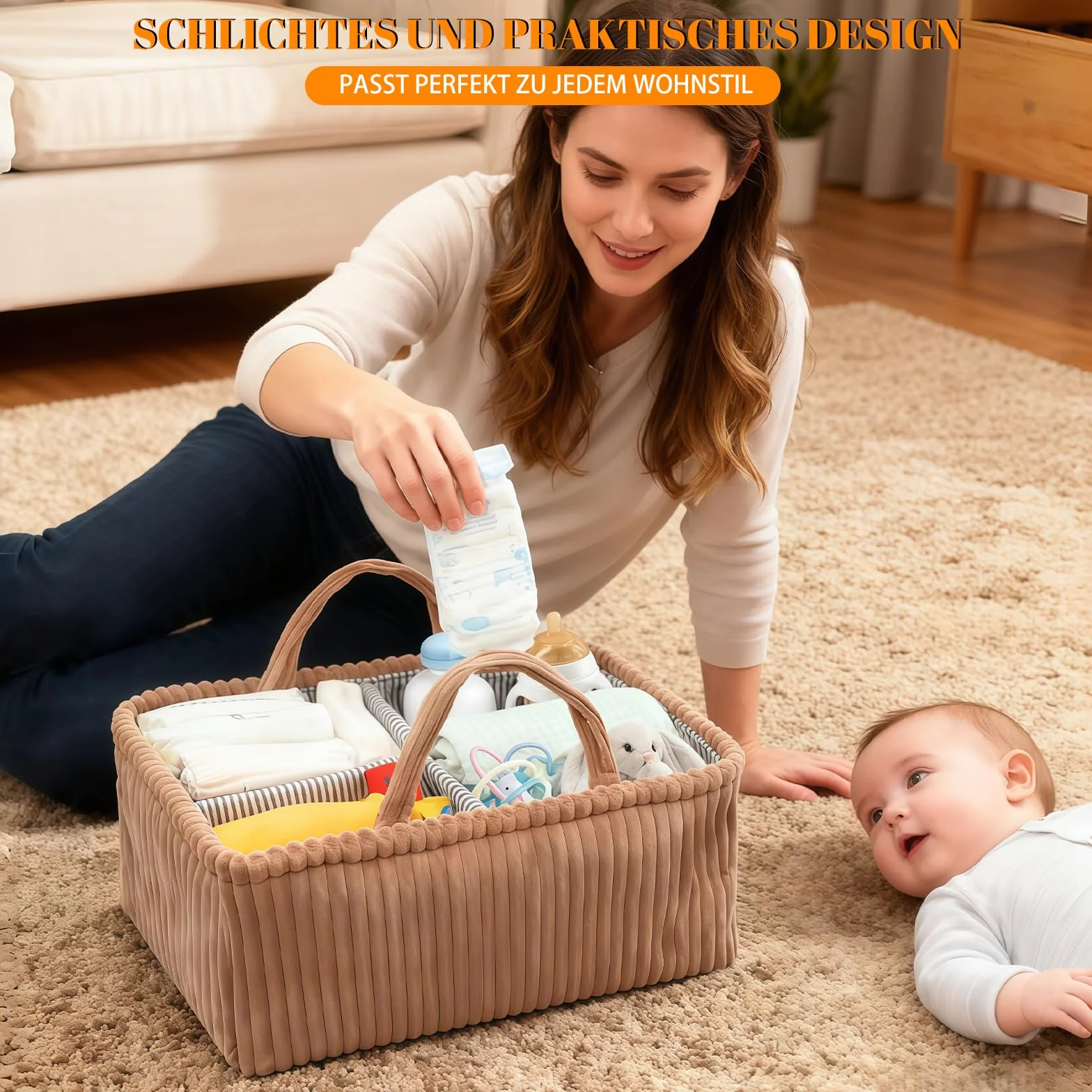 Organiseur de table à langer bébé panier velours côtelé marron foncé