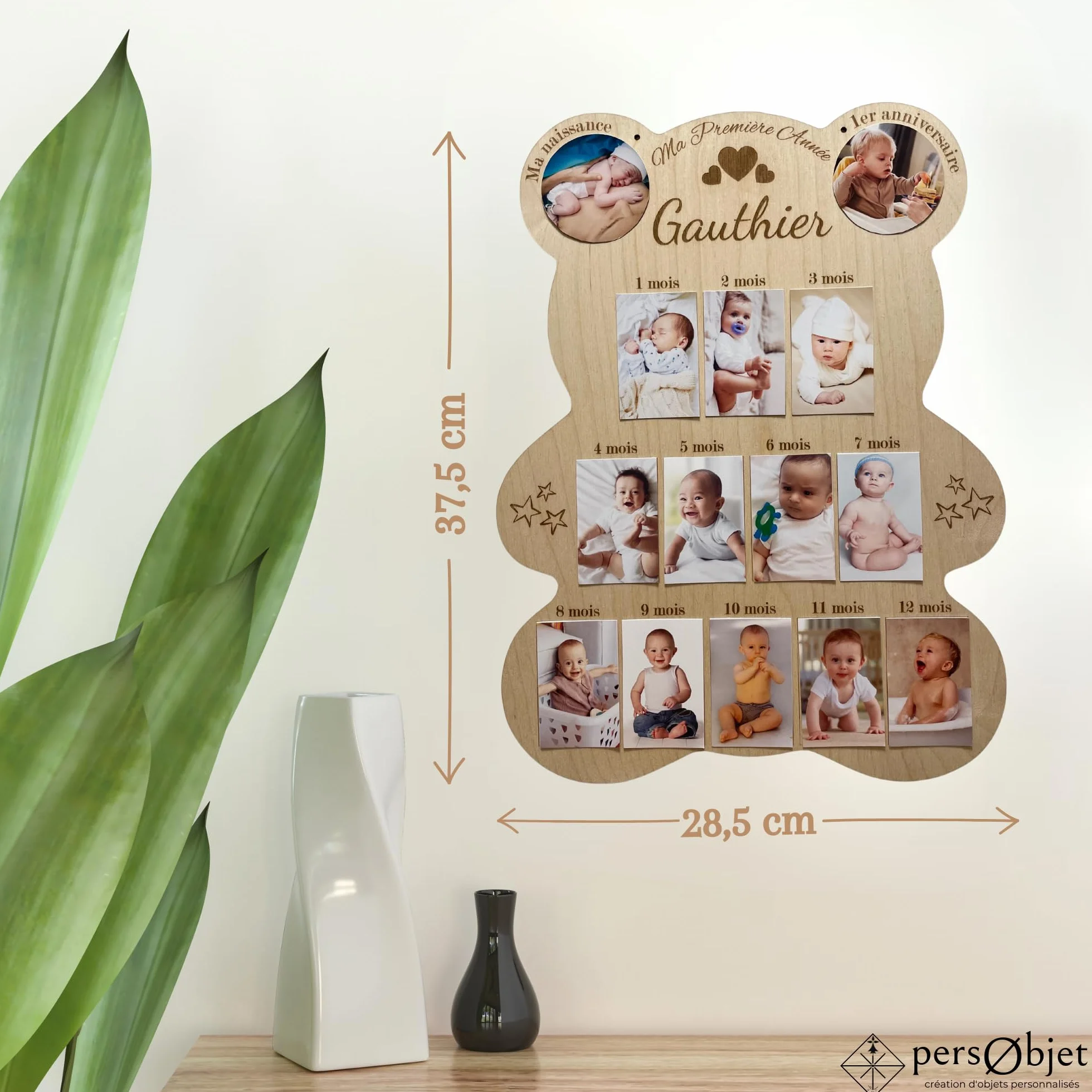 Cadre Photos Pêle-Mêle Ours en Bois Personnalisé - Souvenirs Première Année Bébé - Cadeau Naissance Baptême Décoration Chambre Enfant