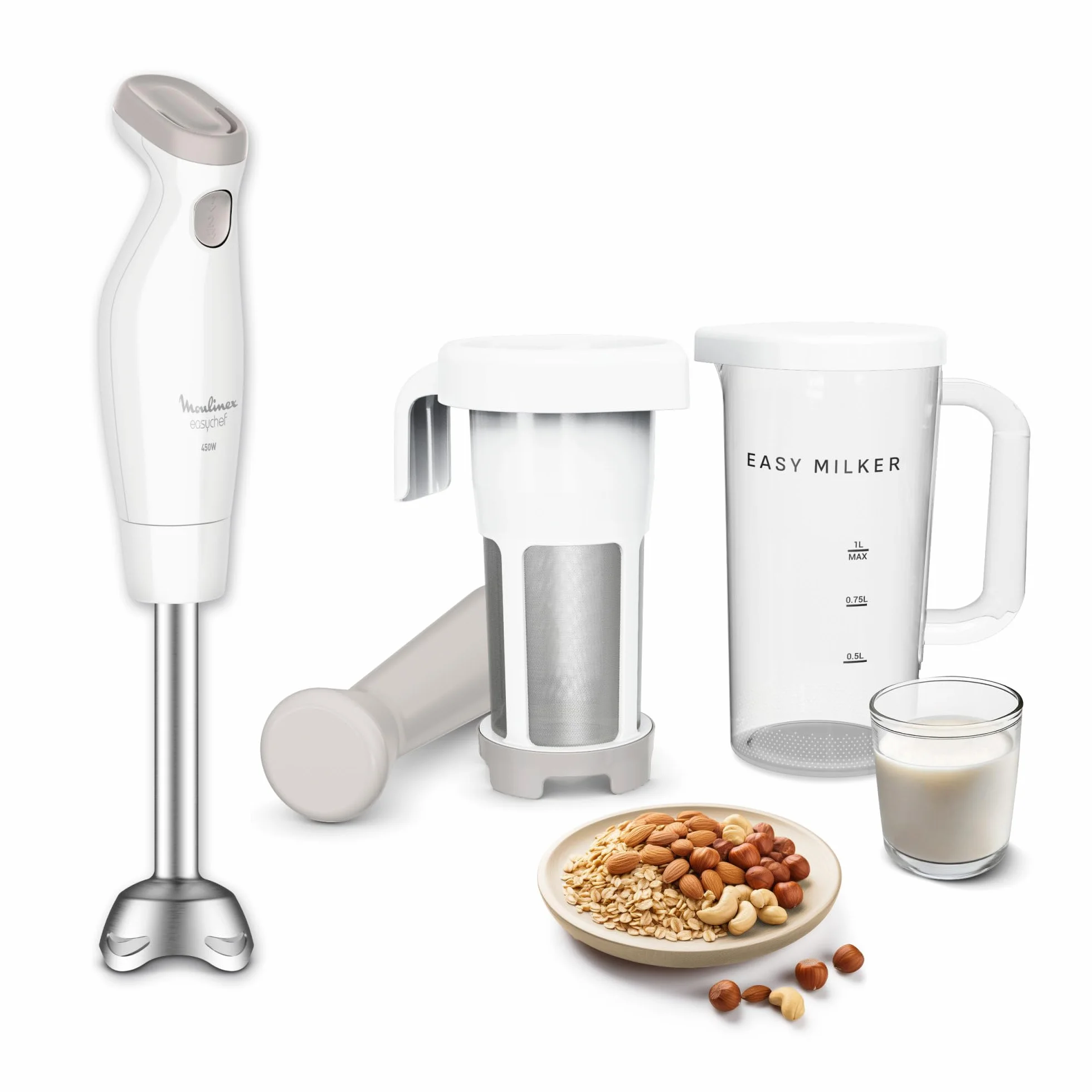 Moulinex Easy Milker & Easychef, Préparateur de lait végétal avec pied mixeur, Lames Zelkrom, 2 vitesses