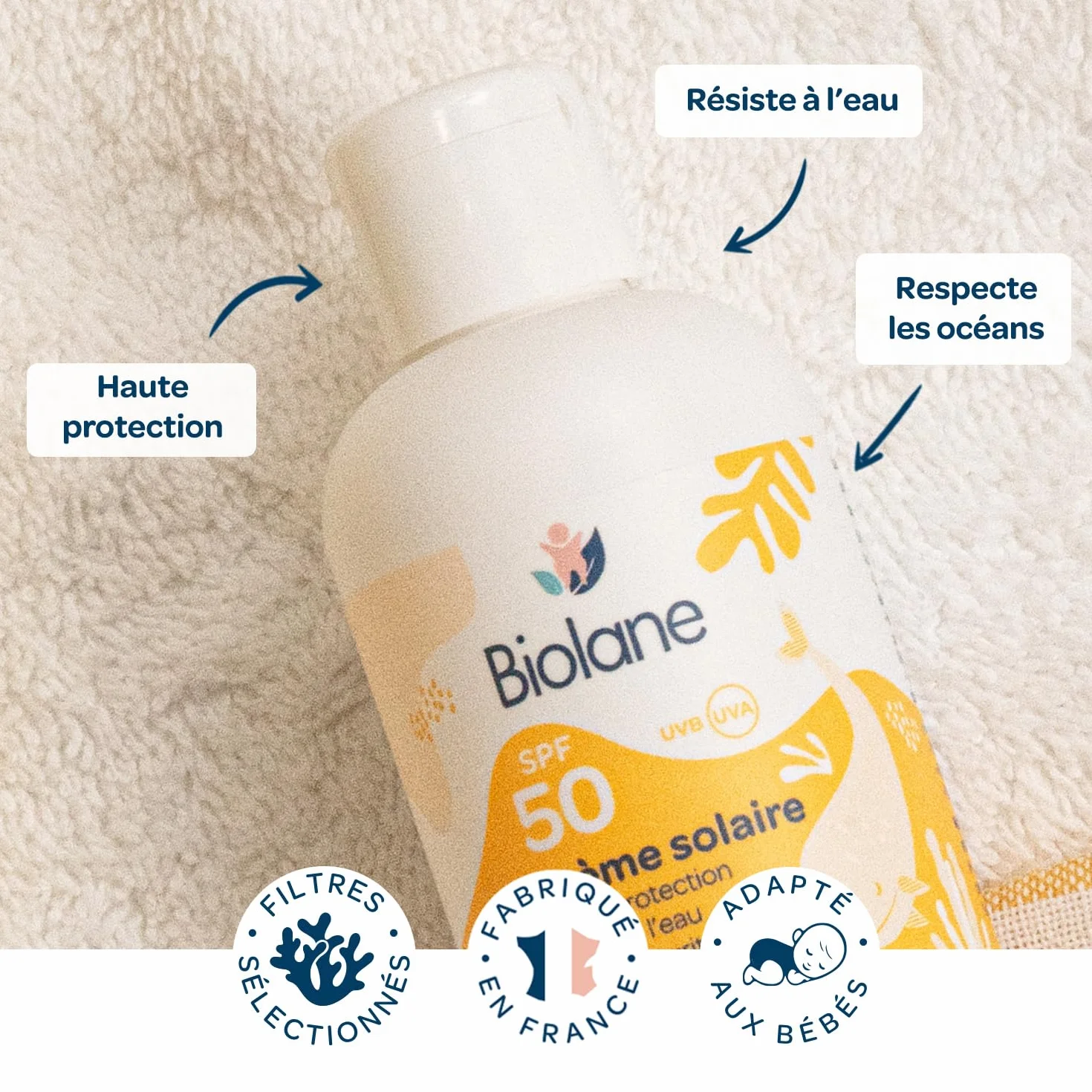 BIOLANE Crème Solaire Bébé SPF 50 100ML Haute Protection UVA UVB Résistant à l'eau Fabriquée en France