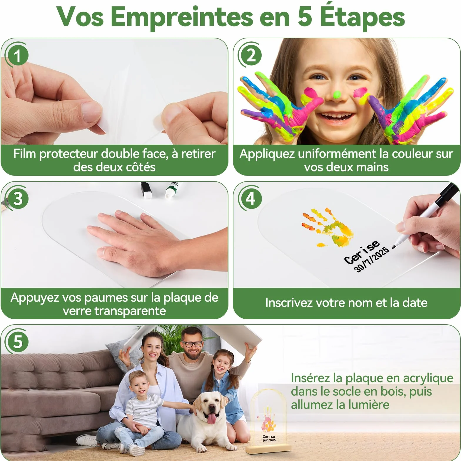 Empreinte Main Famille pour 4, Base en bois avec LED lumière, Cadre Empreintes Bebe Cadeau Fete des Meres