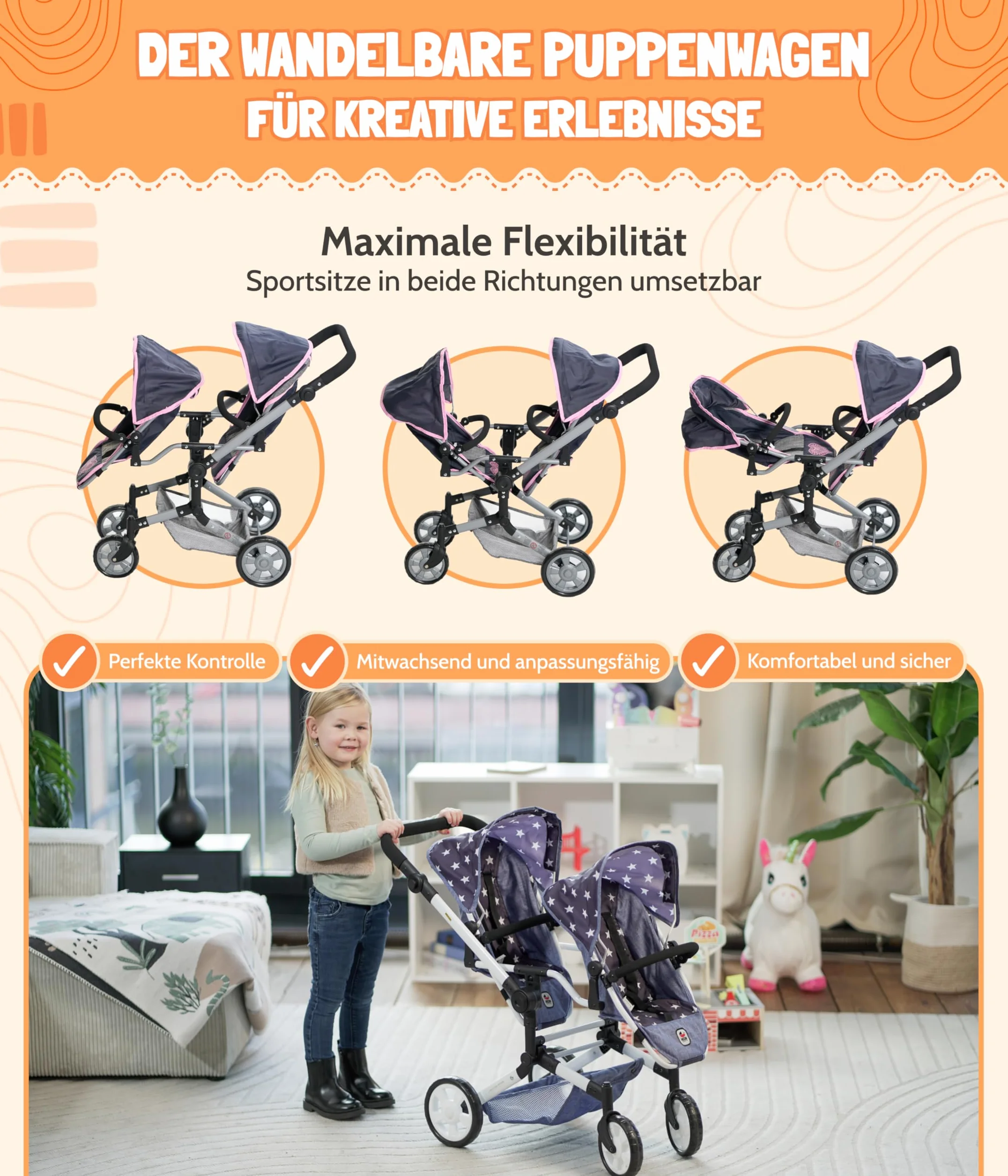 Bayer Chic 2000 Poussette de poupée Linus Duo, Poussette jumelle pour Enfants 4-8 Ans, Jean Rose