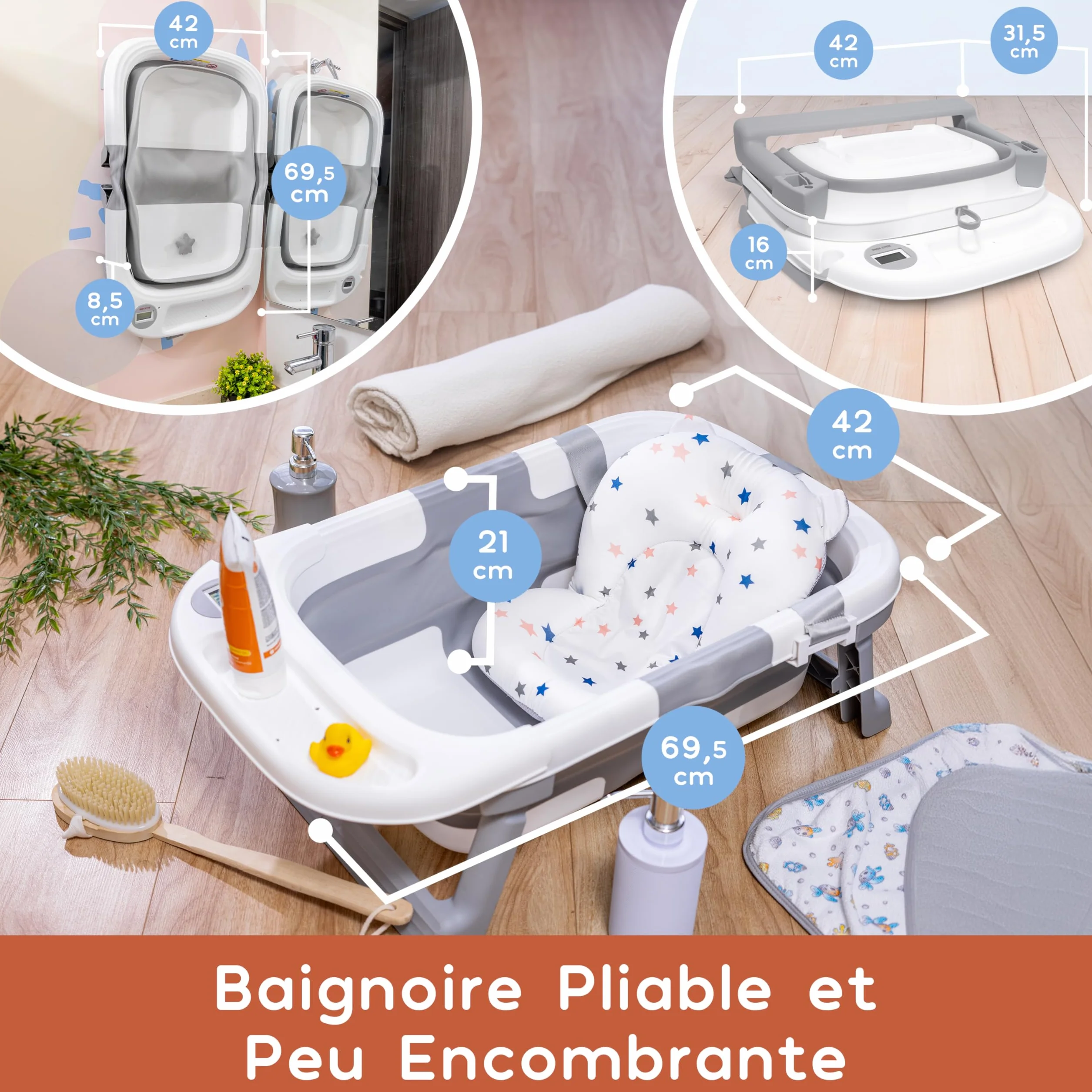 JOLLY MINO Baignoire Pliable Bébé avec Thermometre Digital et Coussin de Bain