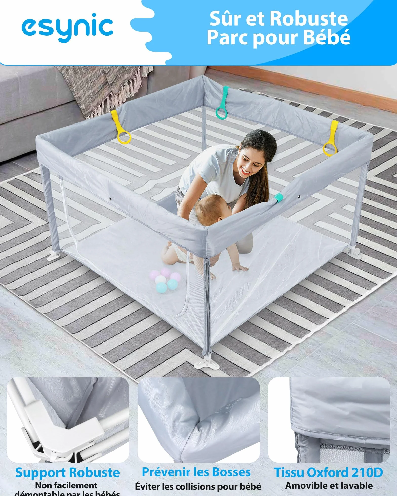 eSynic Parc Bébé Pliable 120x120cm avec 10 Boules et 4 Poignées Gris
