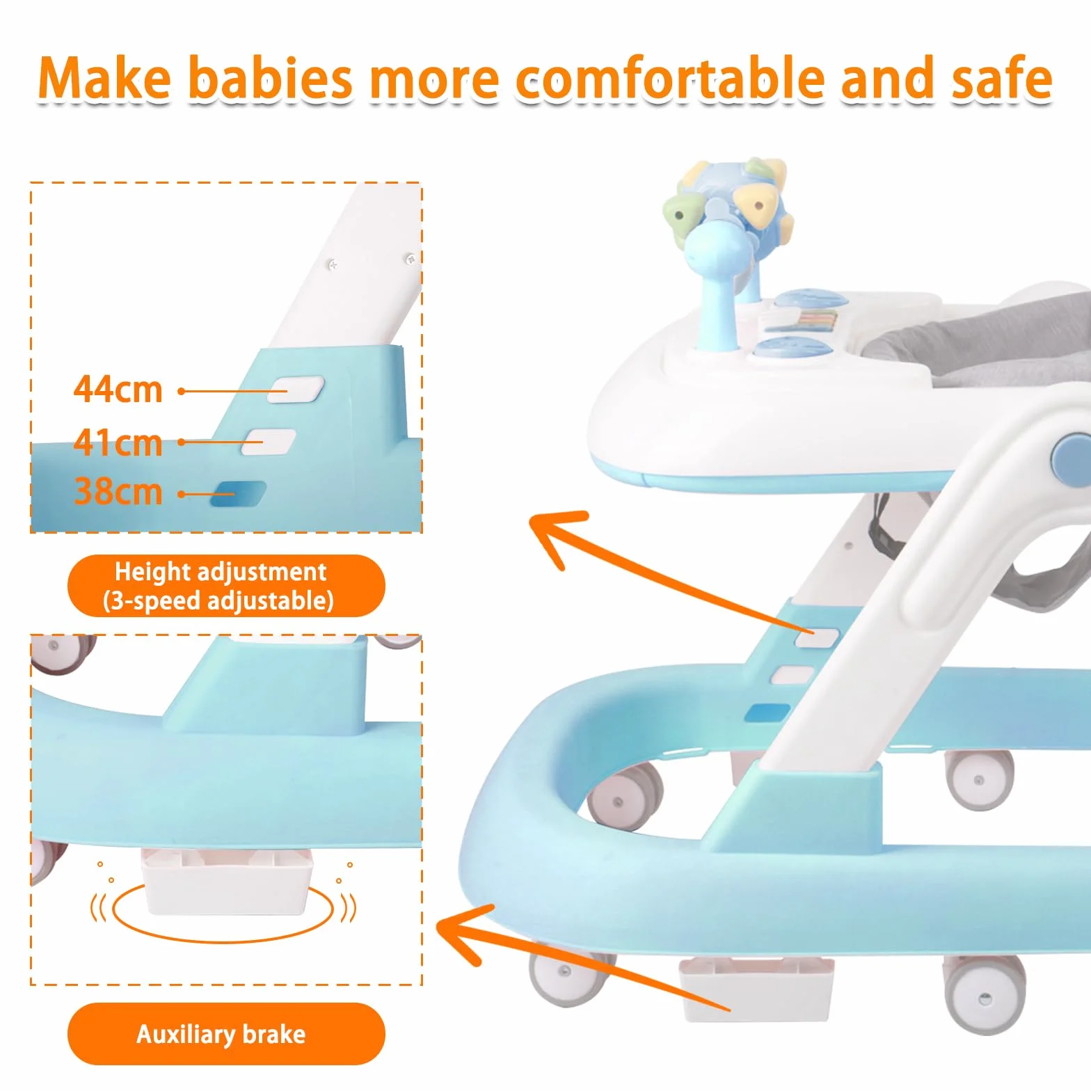 Trotteur Bébé 4-en-1 OHMG avec plateau multi-activités interactive, musique amovible, réglable en hauteur, pliable, jusqu'à 12 kg