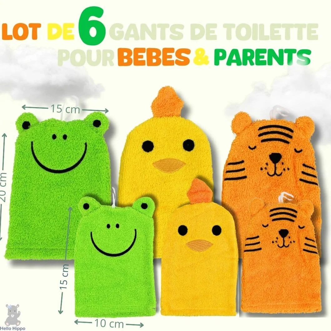 Hello Hippo Lot de 6 Gants de Toilette Bébé & Parents – Gants Douche Coton – Tigre, Grenouille, Poussin – 3 Gants Parents + 3 Enfants – Débarbouillette Lavable