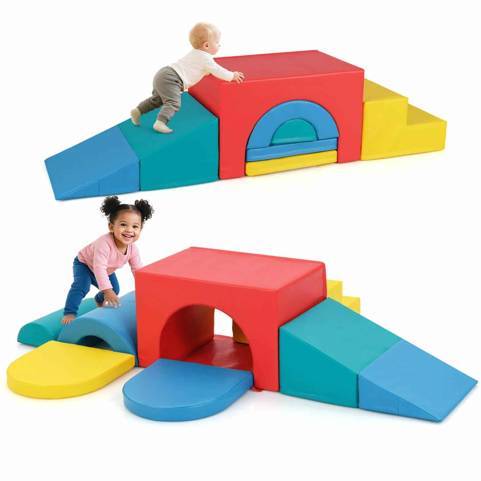 COSTWAY Module Motricité Bébé 7 PCS avec Toboggan Escalier, Parcours Motricité Mousse Housse PU Bandes Agrippantes, Jouets Éducatifs Enfants Préscolaire Rouge